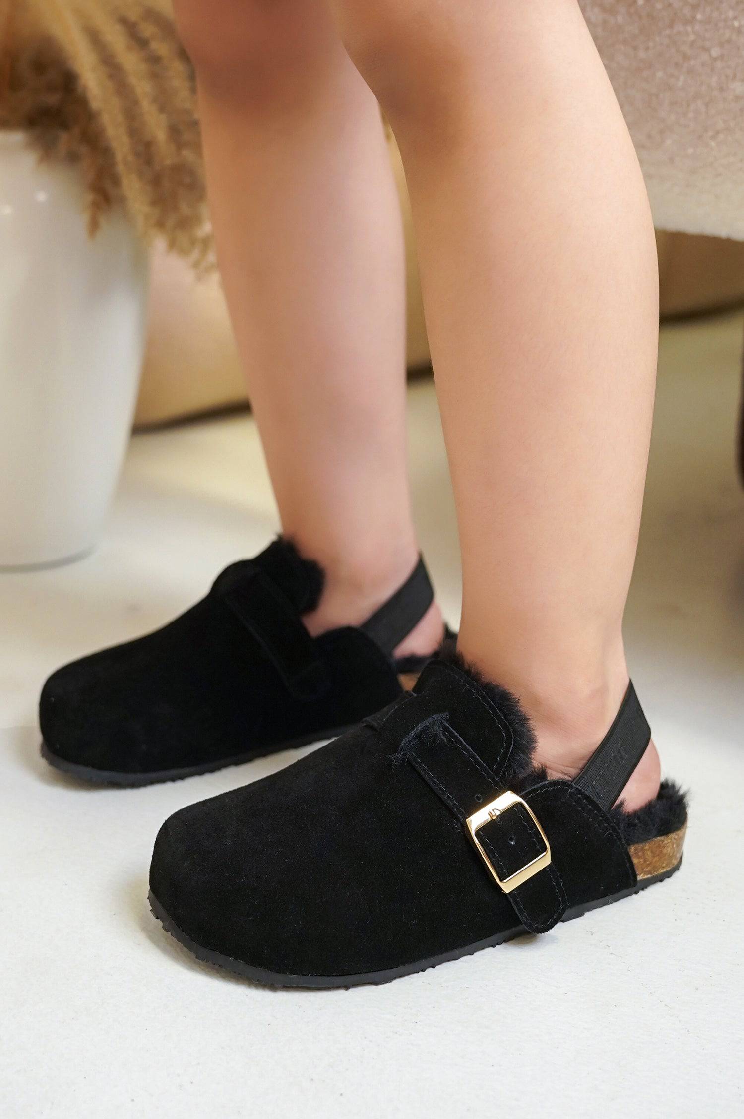 Project Cloud Kids Mini Clogs in Black Suede with buckle and back strap, memory foam unisex.
