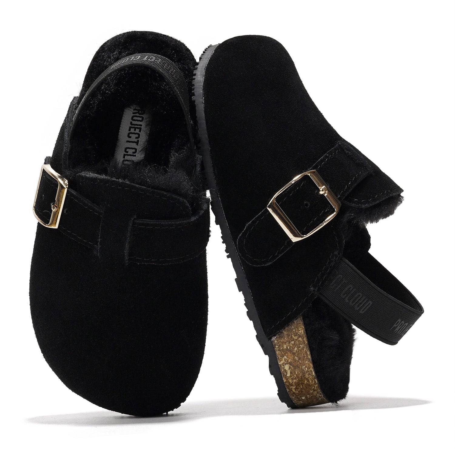 Project Cloud Kids Clogs in Black Suede with buckle, memory foam, and back strap. Comfy kids mules.