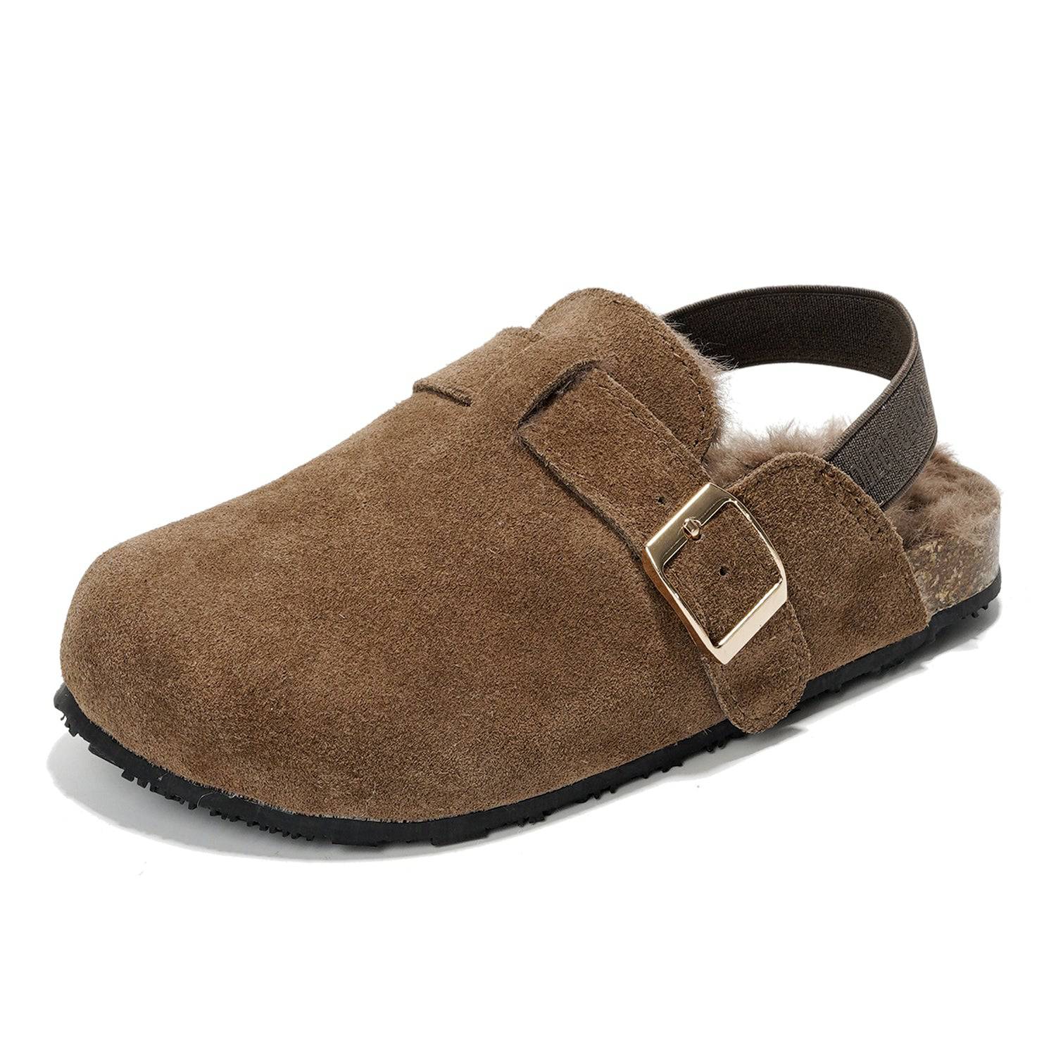 Brown suede kids clogs with buckle closure, back strap, and fur lining