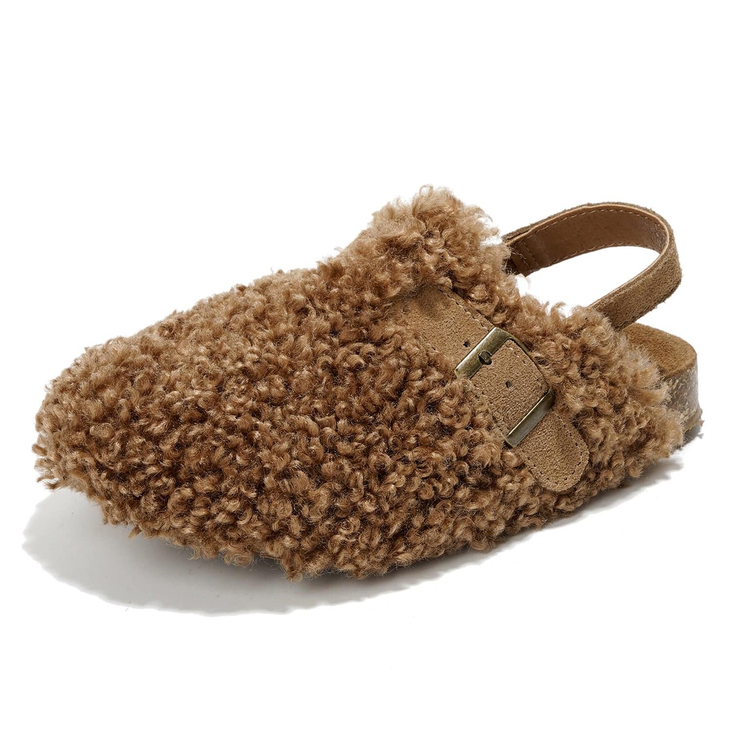 Project Cloud Jeanna Kids Clogs: Brown fluffy mule clogs with buckle and back strap for comfortable and stylish wear.