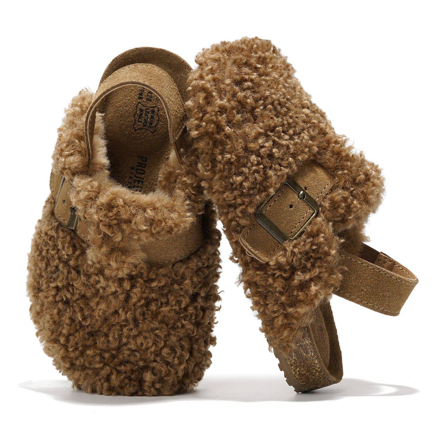 Project Cloud Mini Clogs: Brown suede kids mules with fluffy lining, buckle, and back strap for comfortable and stylish wear.