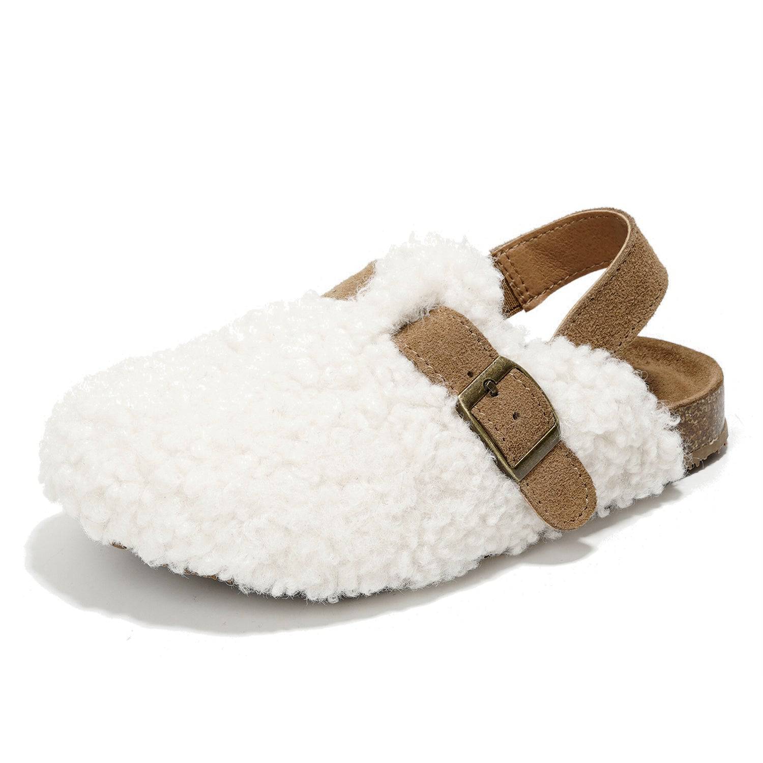 Project Cloud Jeanna Kids Clogs: White fluffy mule clogs with buckle, suede back strap and cork sole. Unisex kids' footwear.