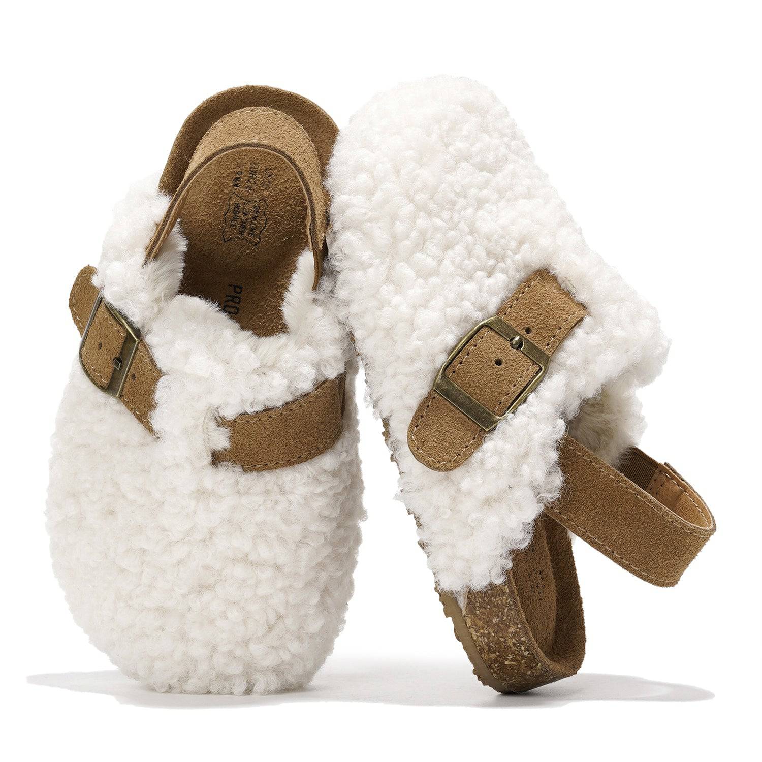 Project Cloud Kids' Jeanna Clogs: White Fluffy Mules with Buckle & Cork Sole