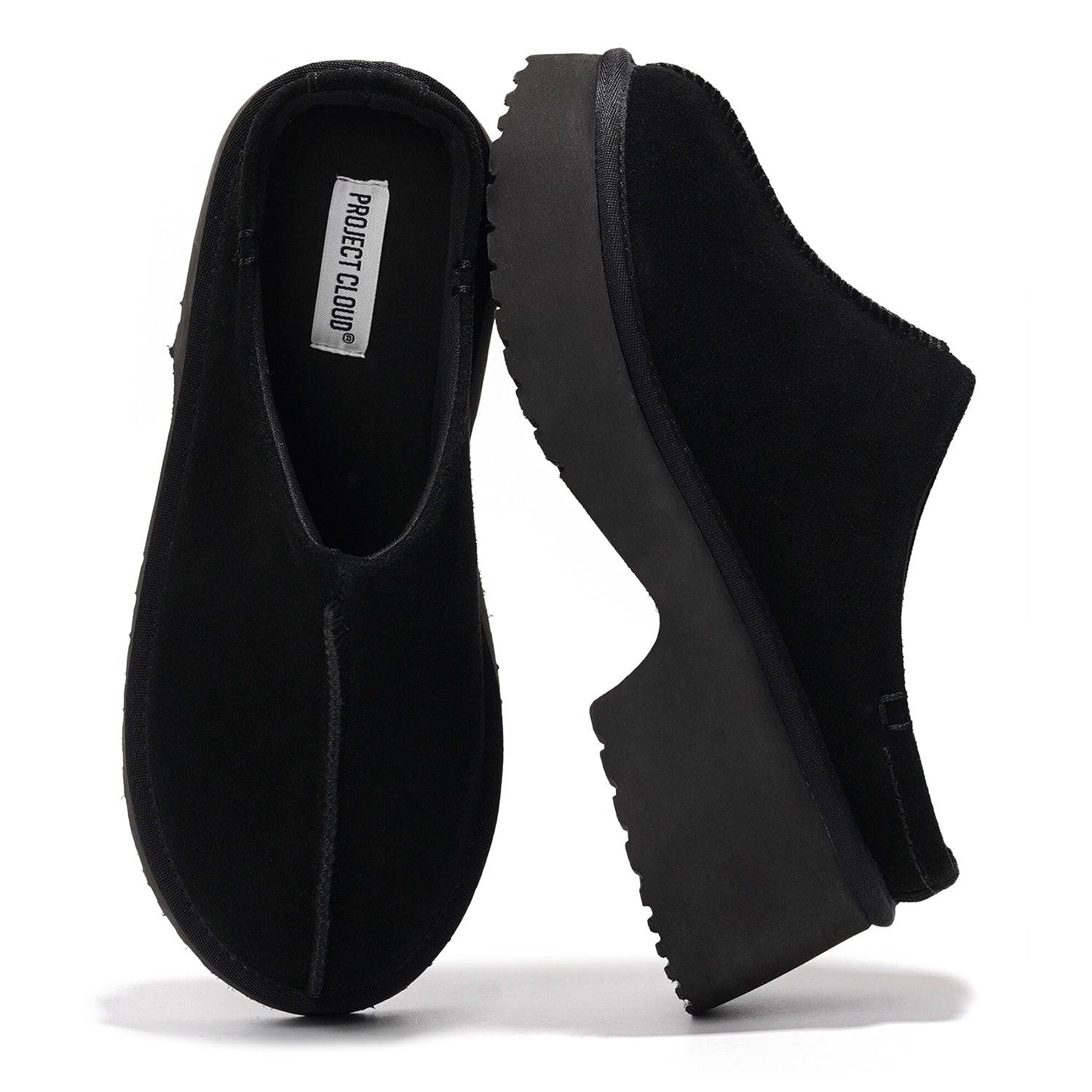 Project Cloud Johnna Suede Mules in Black. Women's cloud clogs with non-slip sole.