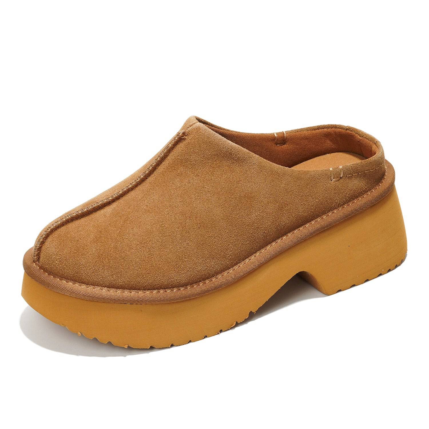 Project Cloud Johnna Suede Mules in Tan. Women's cloud clogs with genuine suede upper and non-slip sole.
