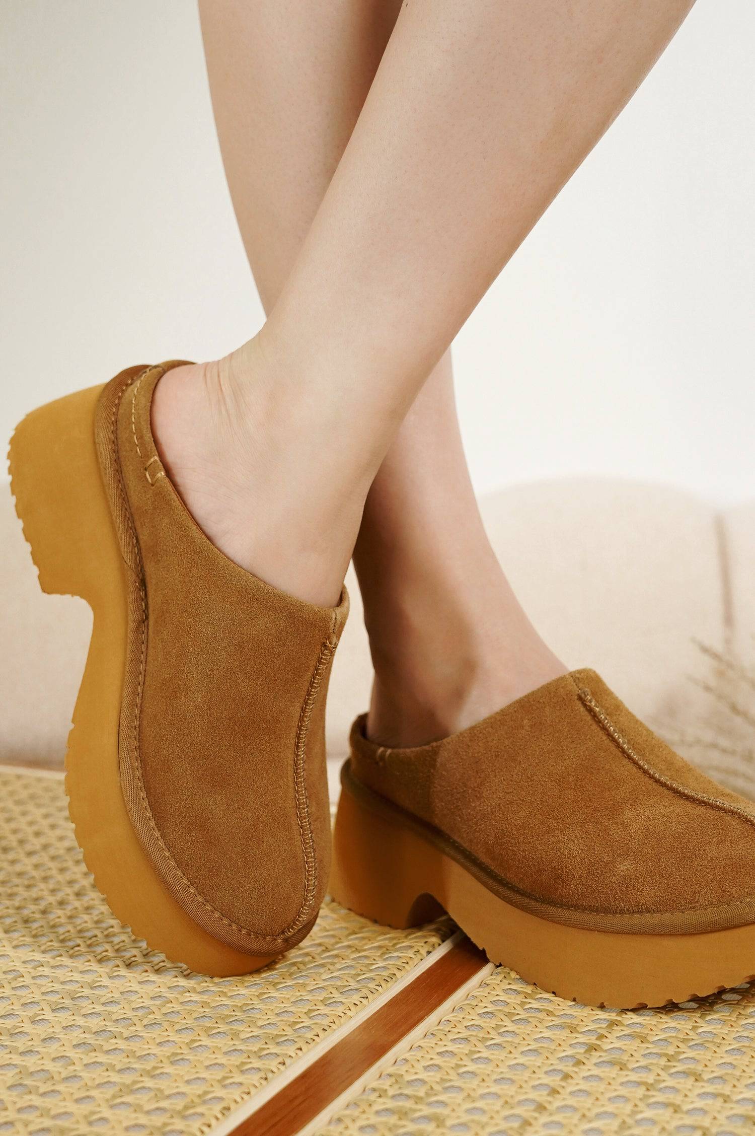 Project Cloud Johnna Suede Mules in Tan. Women's slip-on clogs with comfortable suede and non-slip sole.