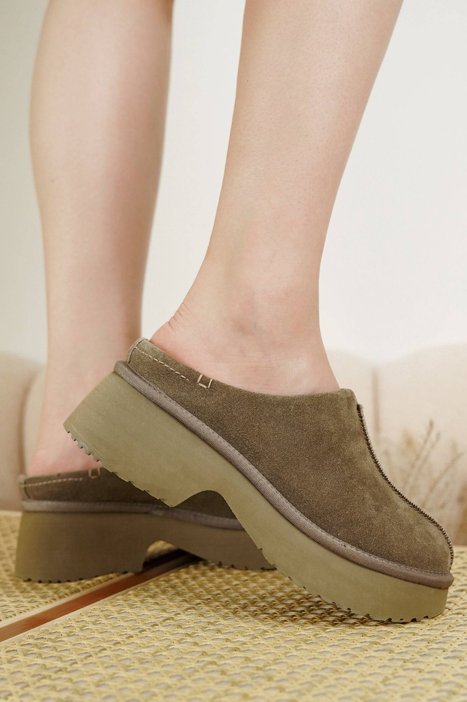 Project Cloud Johnna Suede Mules in Olive Green. Women's slip-on clogs with non-slip sole.