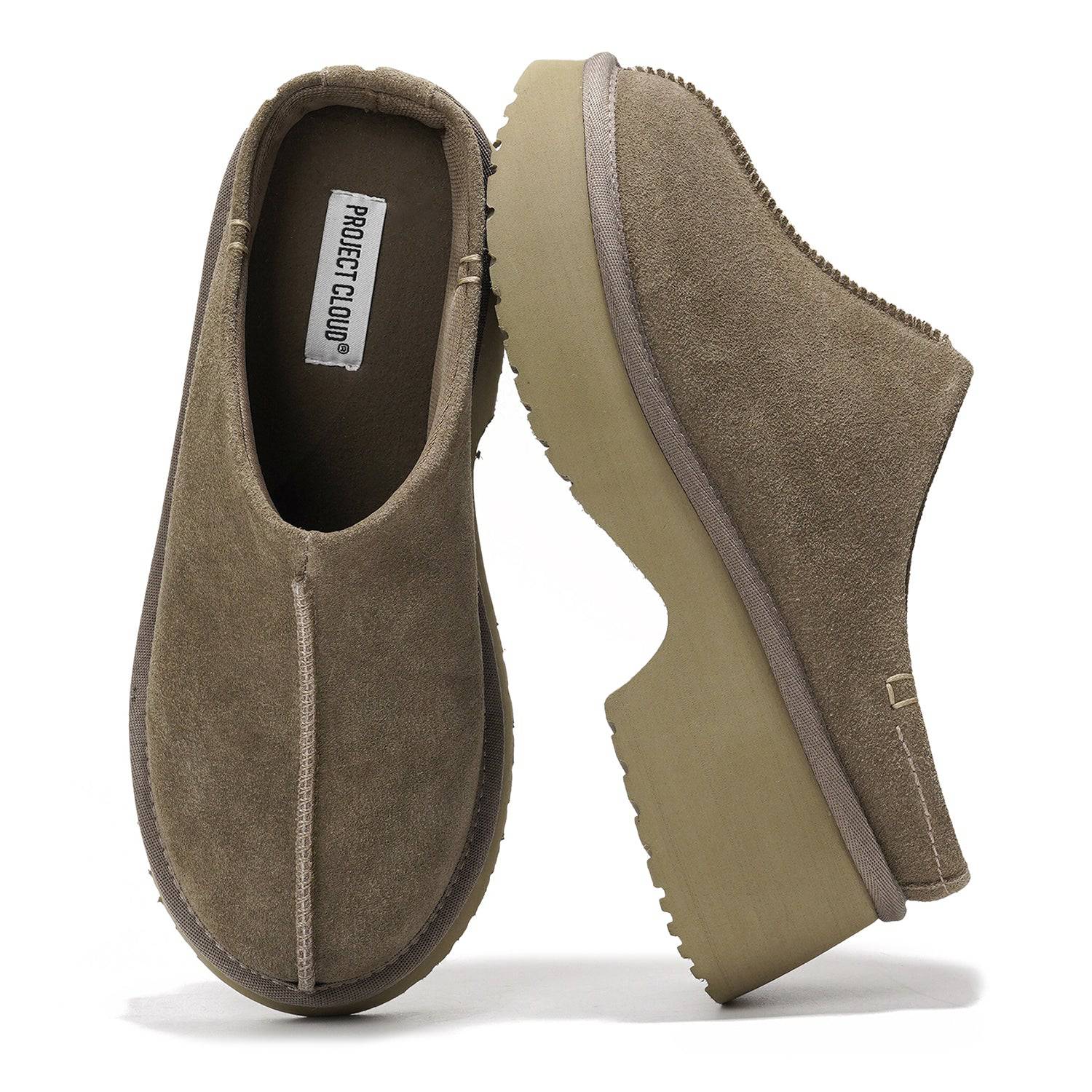 Project Cloud Johnna Suede Mules in Olive Green. Women's cloud clogs with non-slip sole.