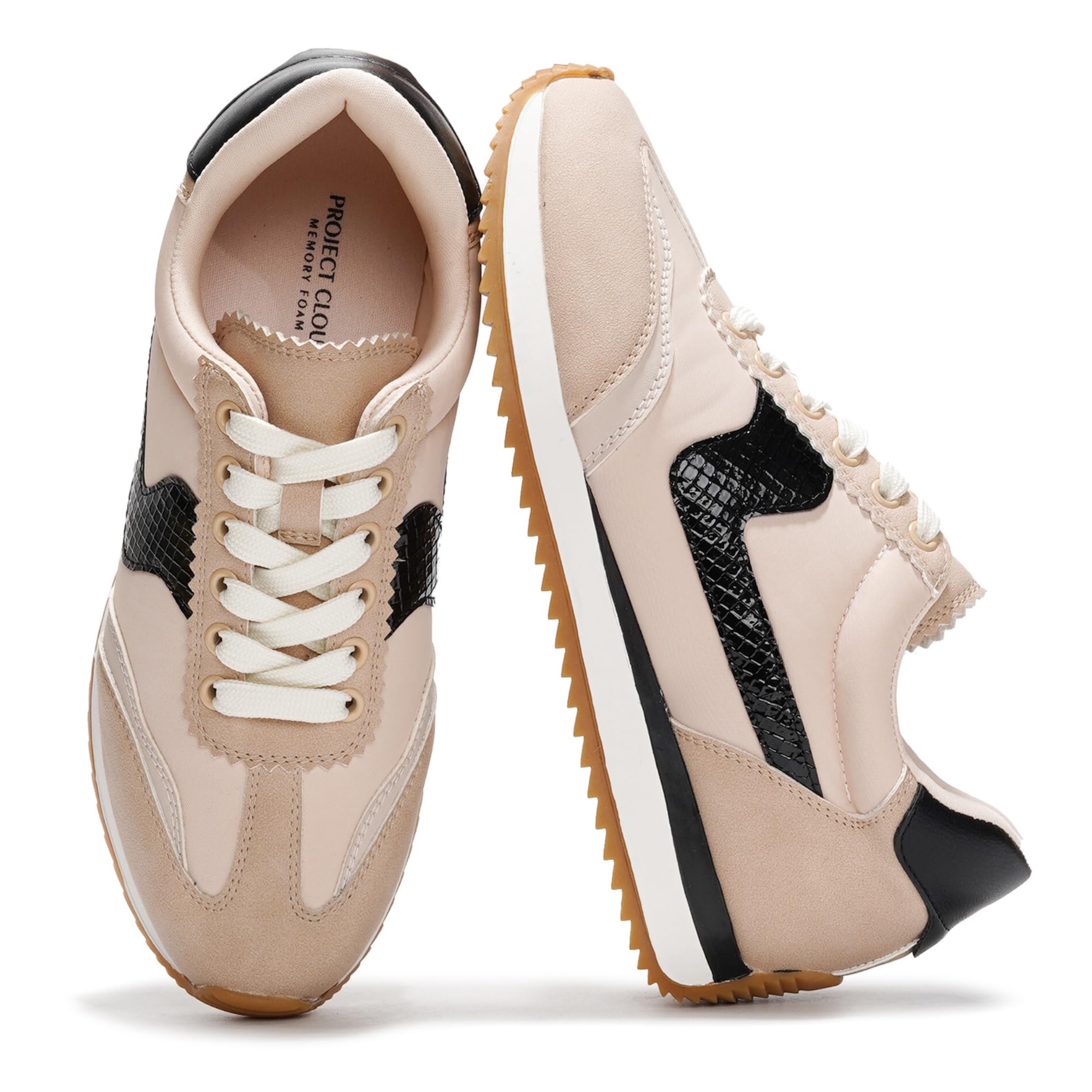 Madison women's sneakers, beige and black design, lace-up, memory foam insole, and non-slip rubber sole.
