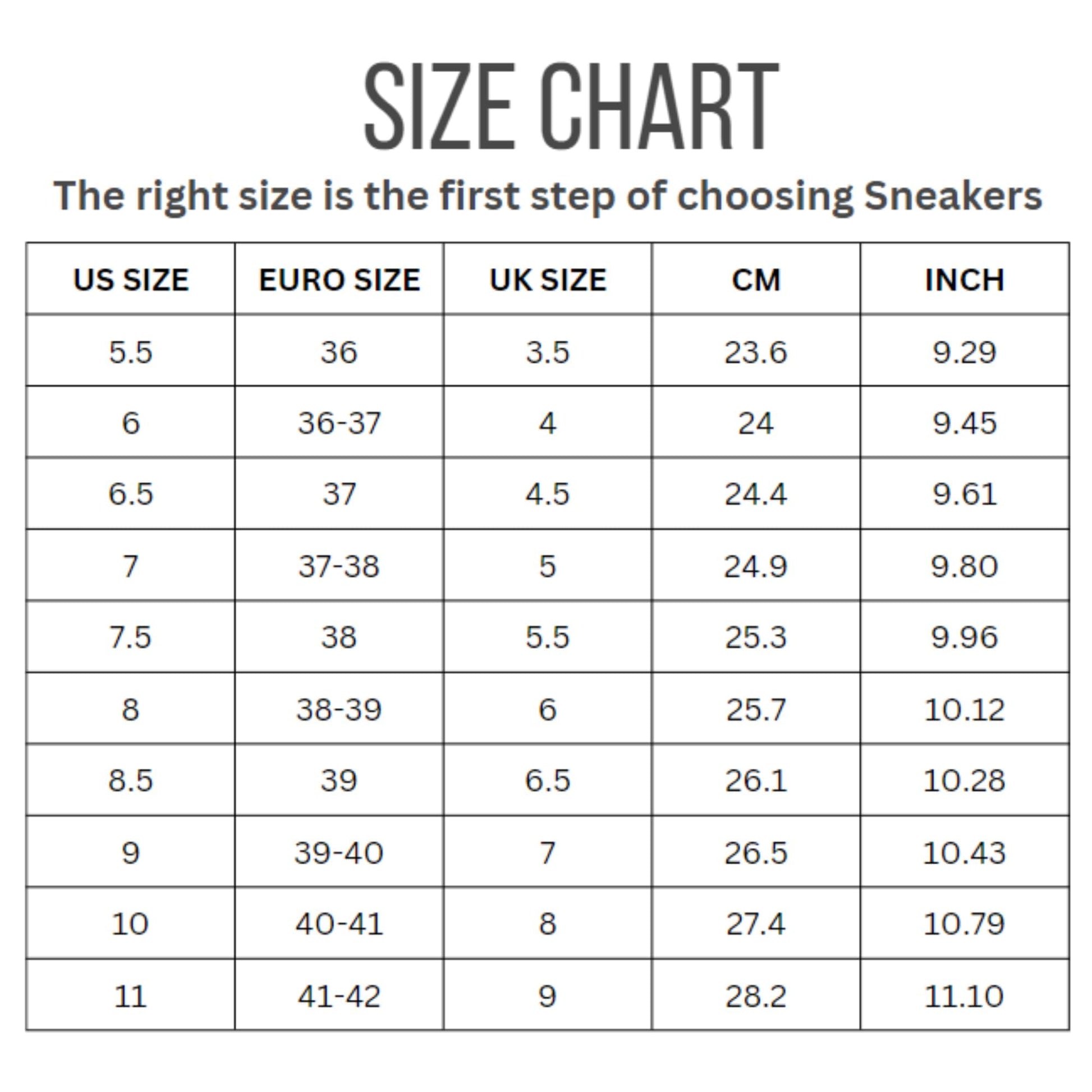 Project Cloud Madison Sneakers Size Chart: US, Euro, UK, CM, and Inch shoe sizes.
