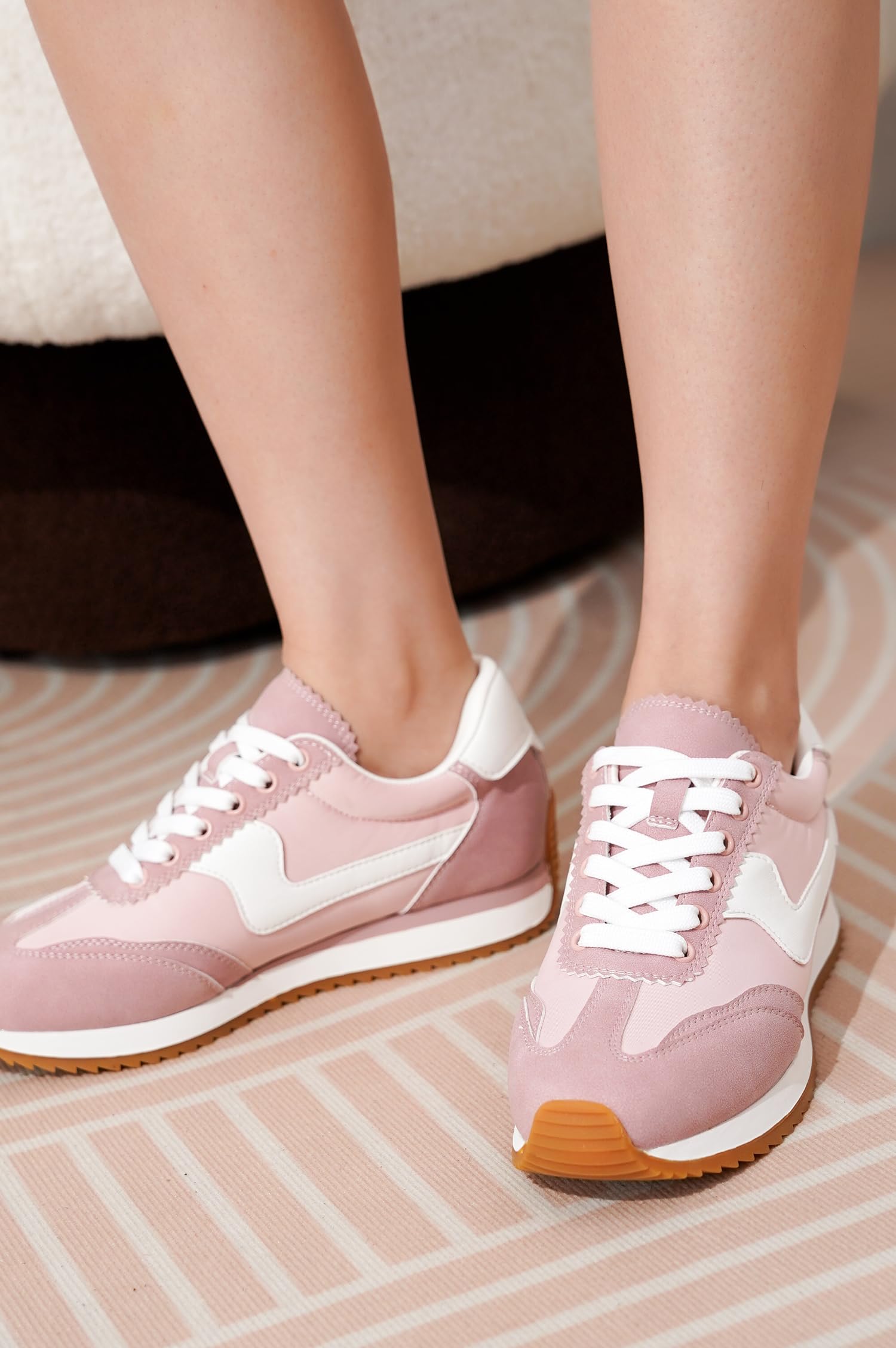 Project Cloud Madison women's sneakers in blush pink with white accents, lace-up, and non-slip rubber sole.