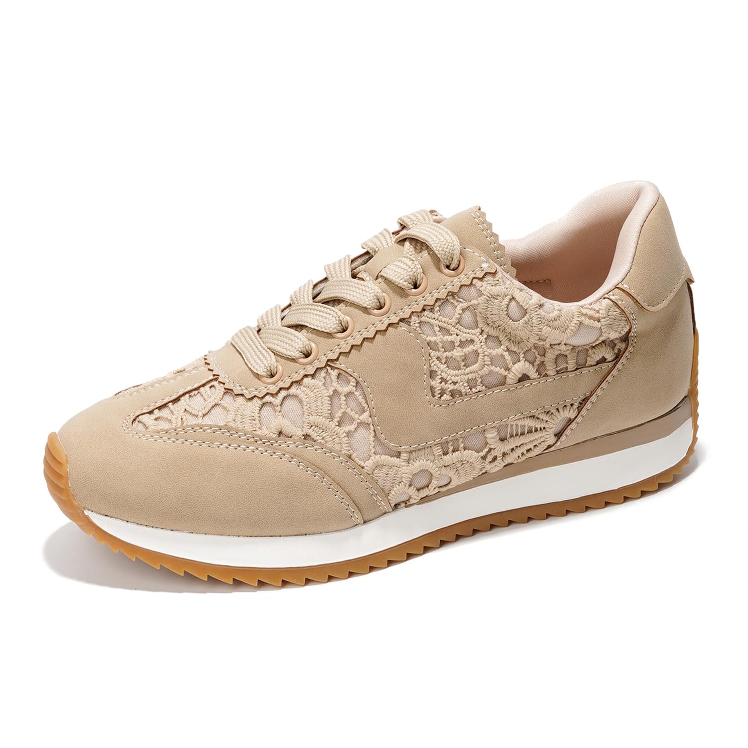 Project Cloud Madison women's beige sneakers with lace overlay, lace-up, memory foam insole, and non-slip sole.