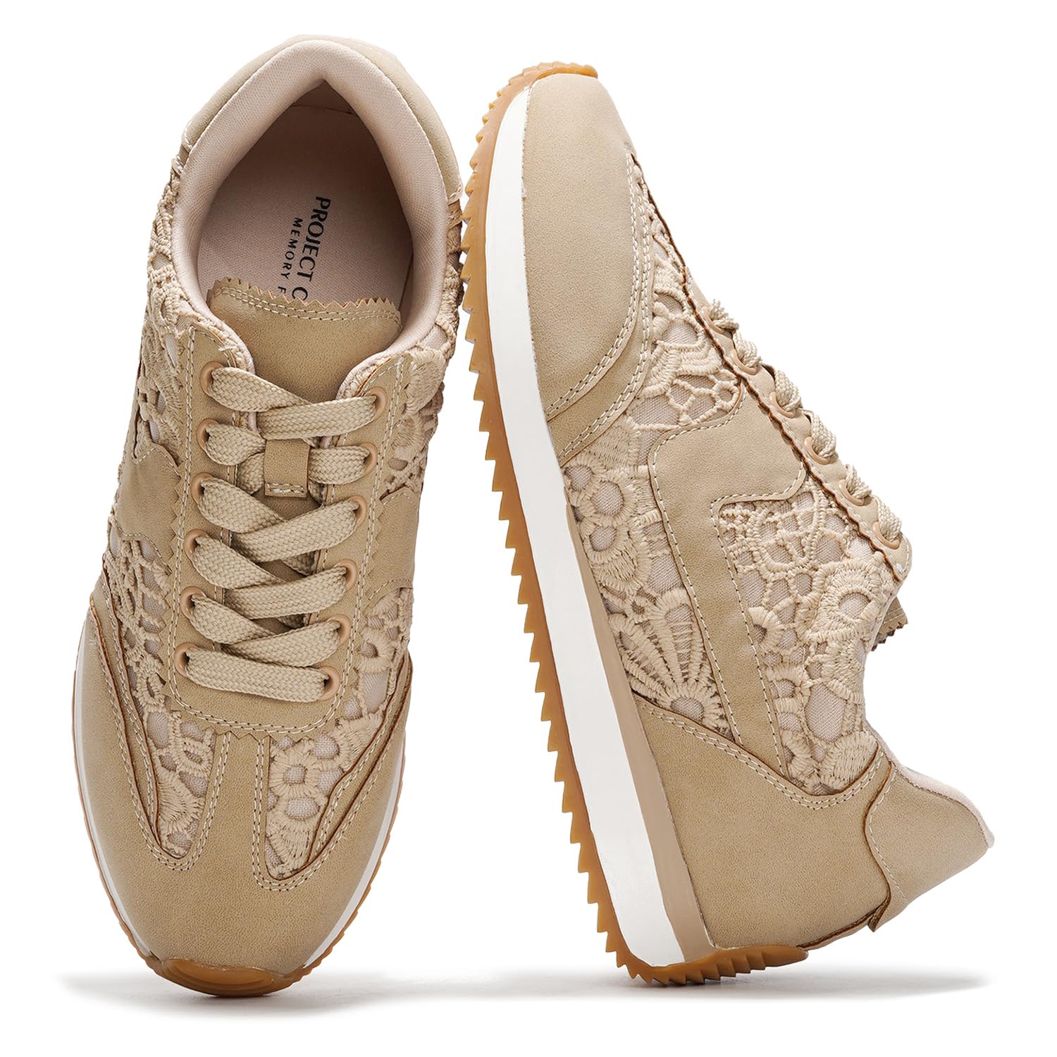 Madison beige lace-up sneakers with floral lace, memory foam, non-slip sole