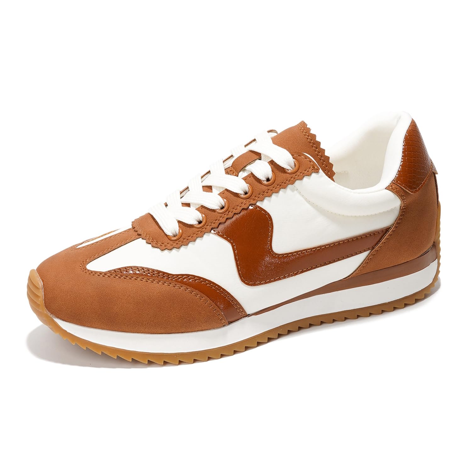 Madison women's sneaker, tan suede and white, brown accents, lace-up, non-slip sole.
