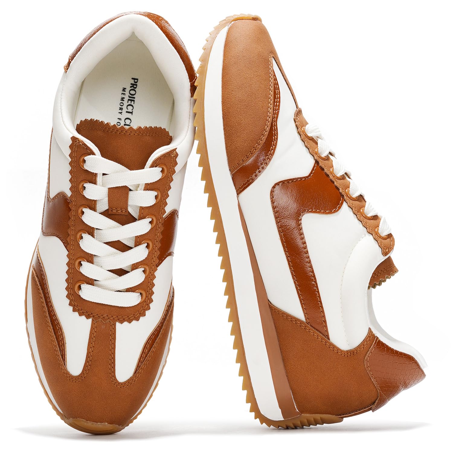 Project Cloud Madison women's sneakers with brown and white design, lace-up, memory foam insole, non-slip rubber sole