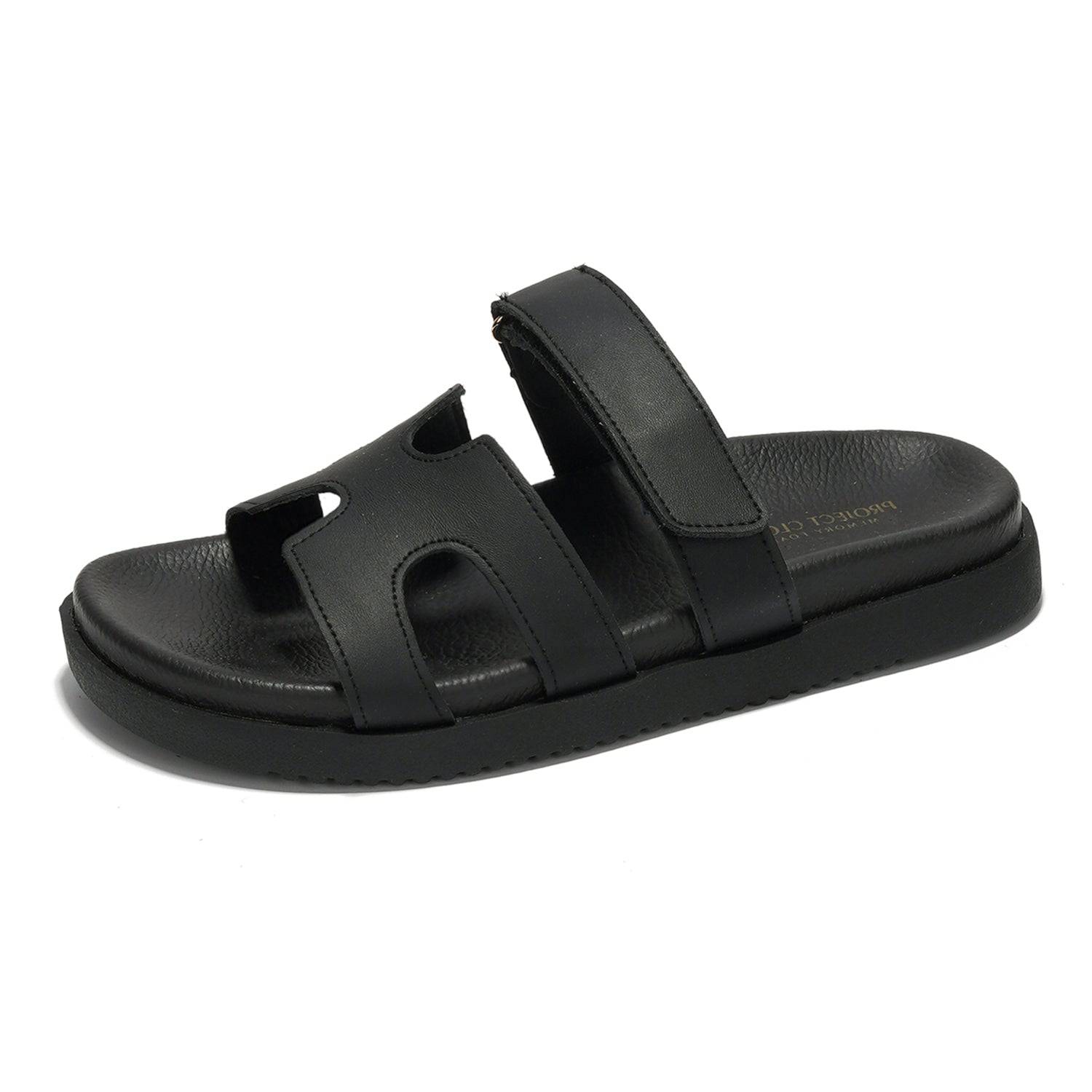 Project Cloud Mayven Black Leather Sandals for Women, Adjustable Straps, Memory Foam, Platform Sole.
