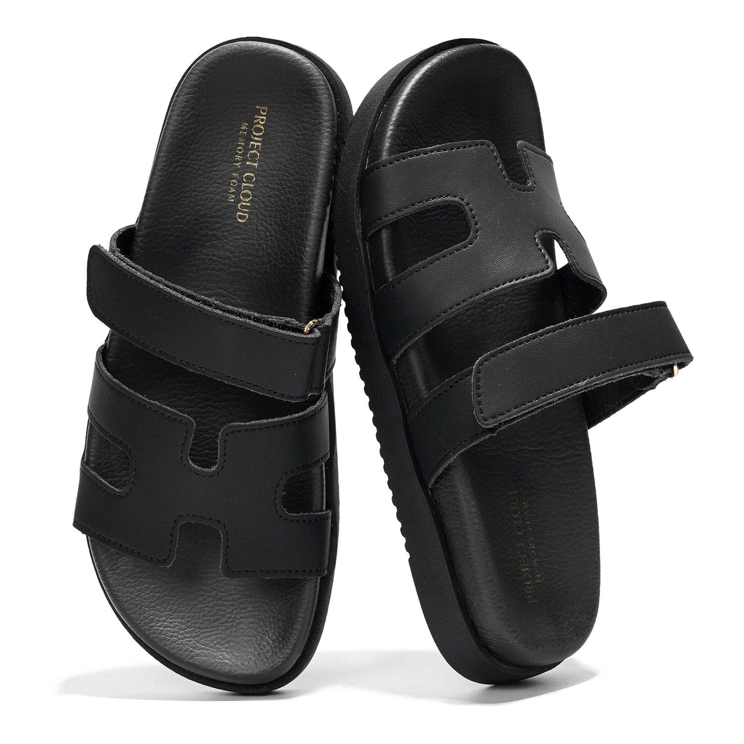 Project Cloud Mayven black leather sandals with memory foam. Adjustable straps, comfy platform sandals for women.