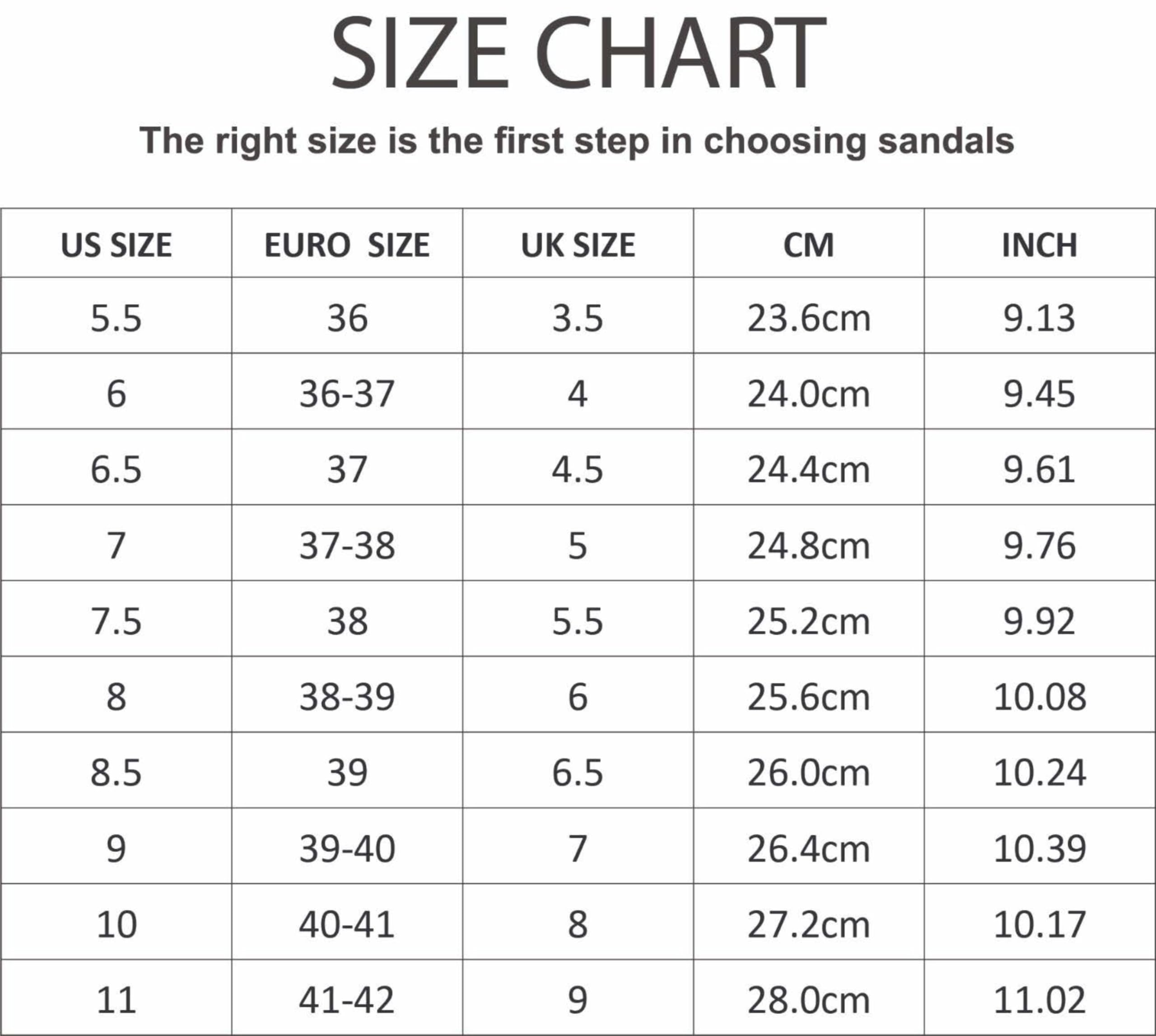 Sandals Size Chart - US, Euro, UK sizing with CM and Inch conversions for comfortable platform sandals.