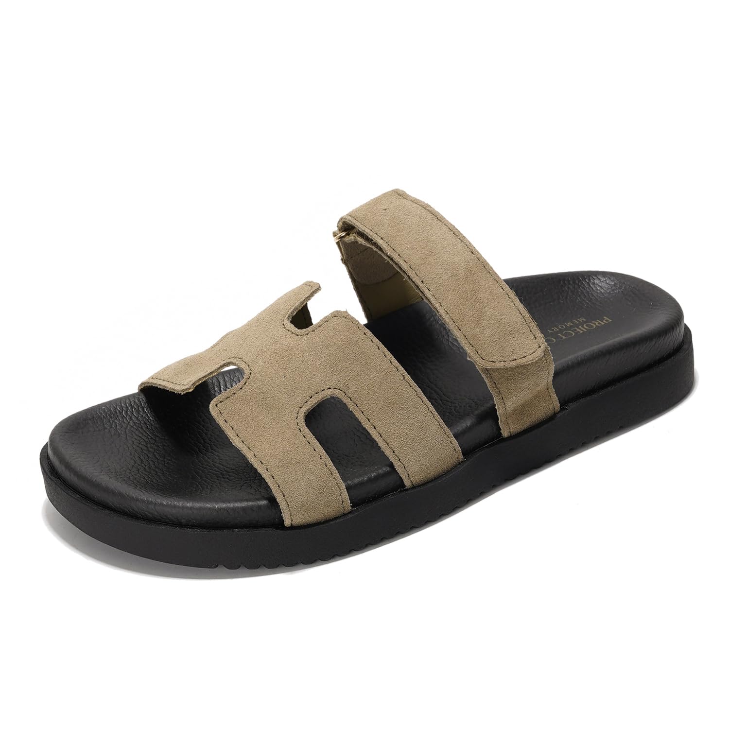 Project Cloud Mayven women's tan suede leather sandals with adjustable straps and black sole. Comfortable platform sandals.