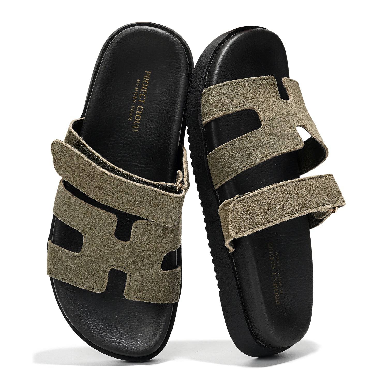 Project Cloud Mayven Women's Sandals with adjustable straps, suede leather, and memory foam, black sole.