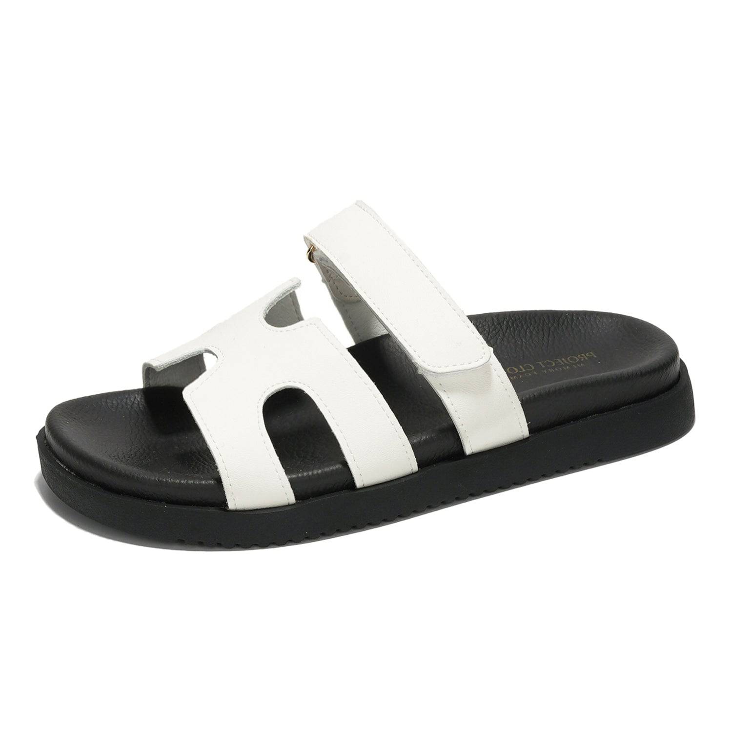 Project Cloud Mayven white leather sandals with black sole. Adjustable straps, comfy platform sandals