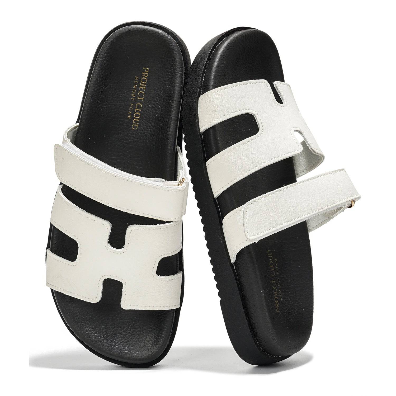 Project Cloud Mayven Women's sandals in white with black sole. Memory foam, adjustable straps for comfort and style.