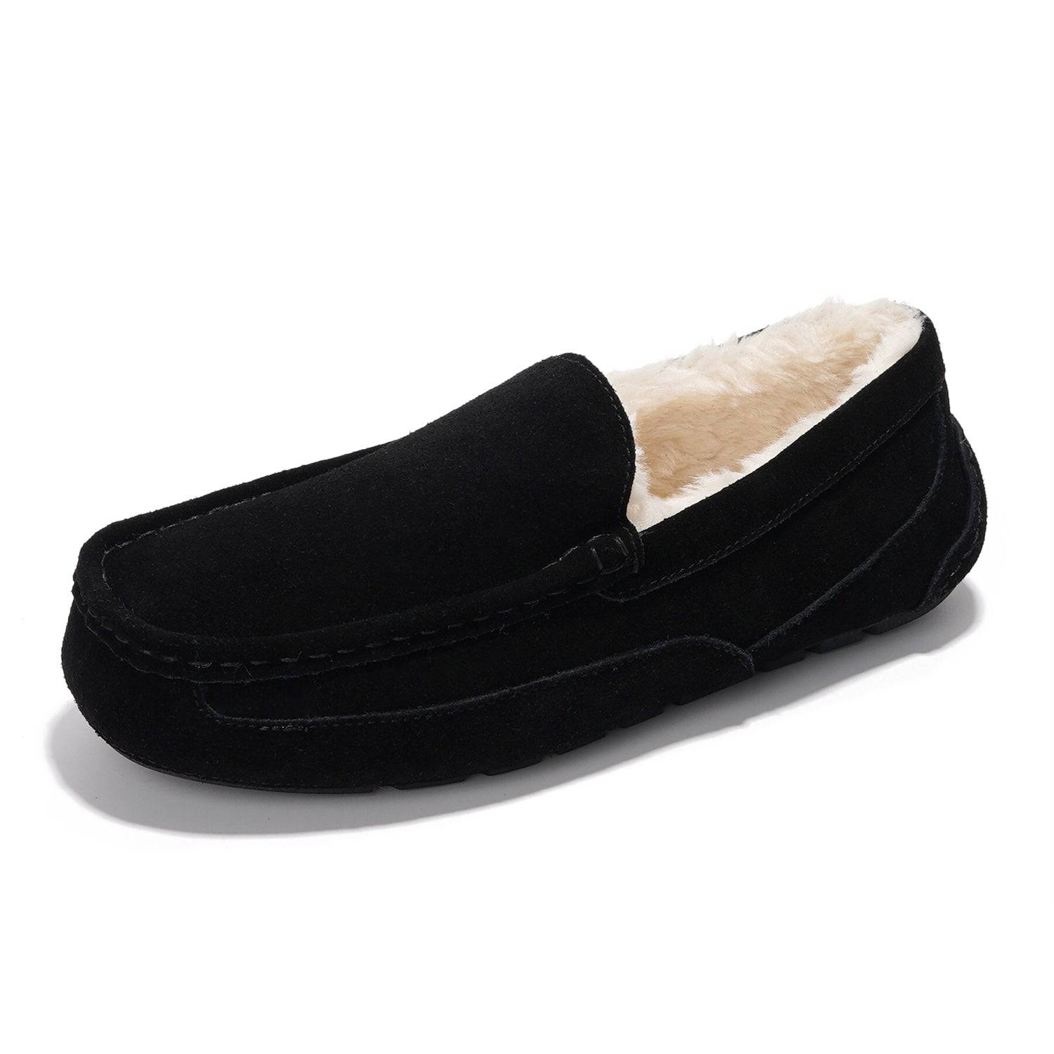Project Cloud Oswin men's black suede slippers with sheep fur lining and moccasin design