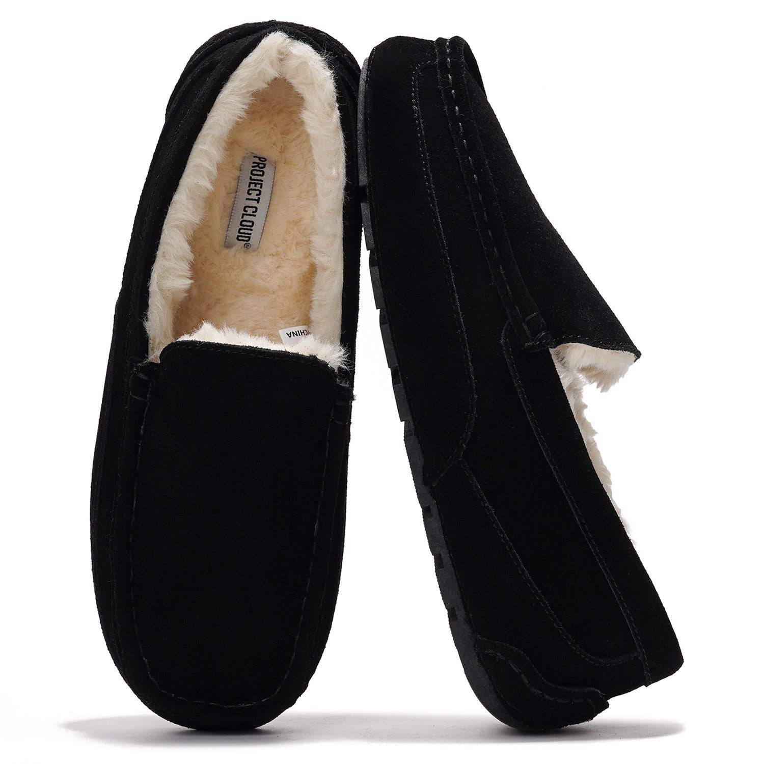 Project Cloud Oswin men's black suede slippers with sheep fur lining.
