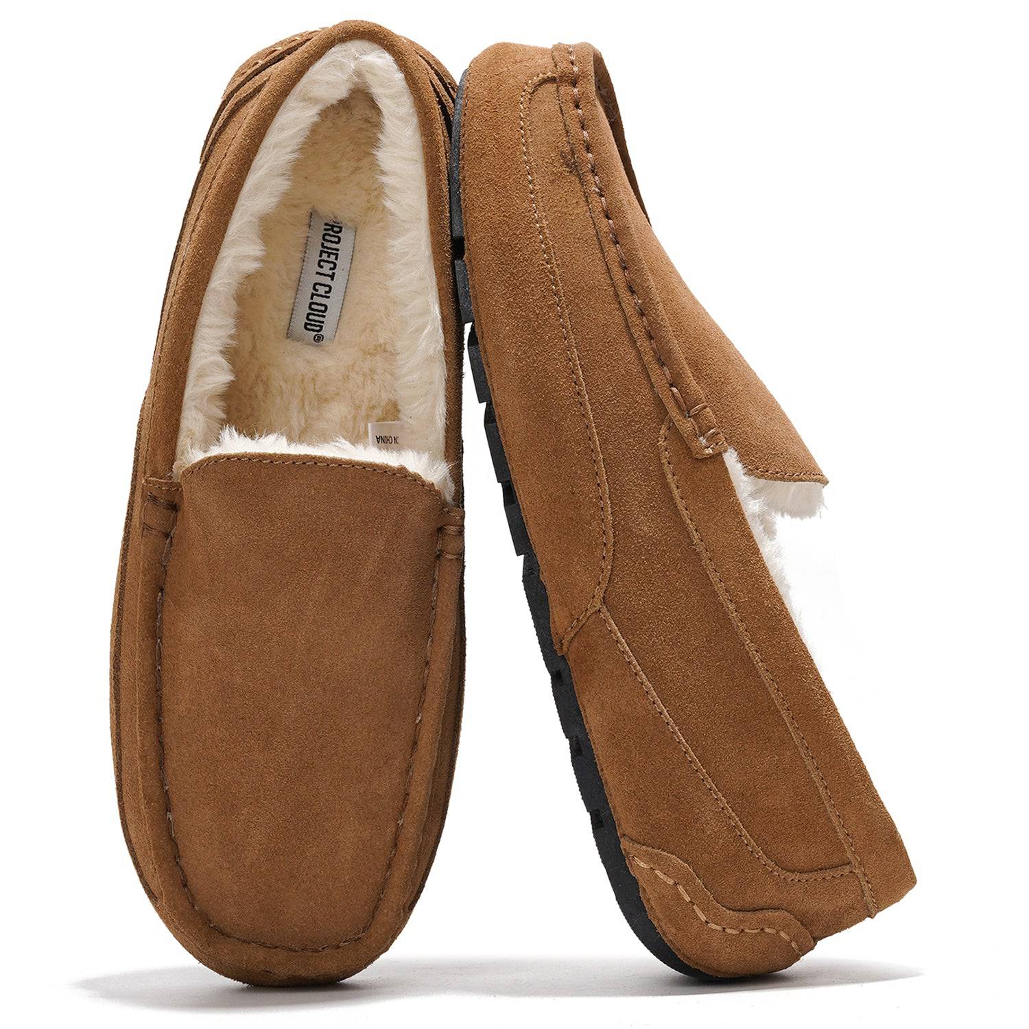 Project Cloud Oswin men's suede slippers in brown with sheep fur lining, memory foam, and non-slip outsole.