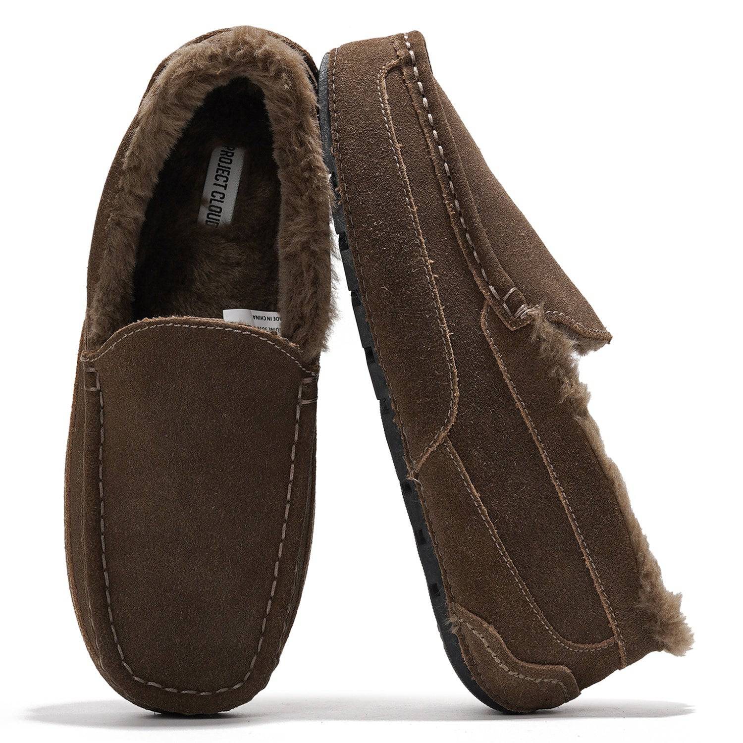 Project Cloud Oswin suede slippers, brown with sheep fur lining, moccasin style. Memory foam & non-slip sole.