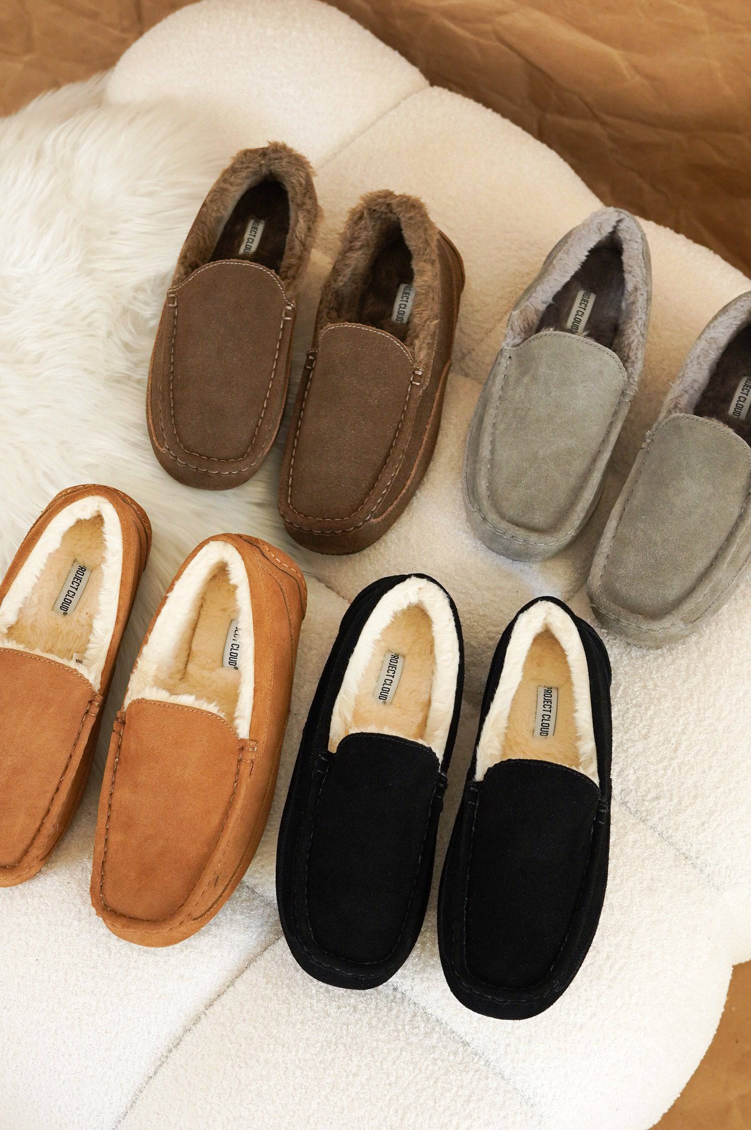 Project Cloud Oswin men's suede slippers in various colors with sheep fur lining. Comfortable moccasins for men.