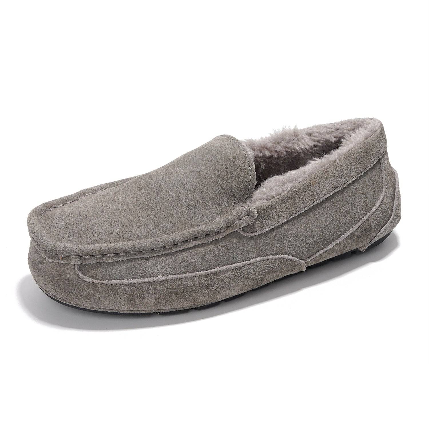 Project Cloud Oswin men's gray suede slippers with sheep fur lining and moccasin design.