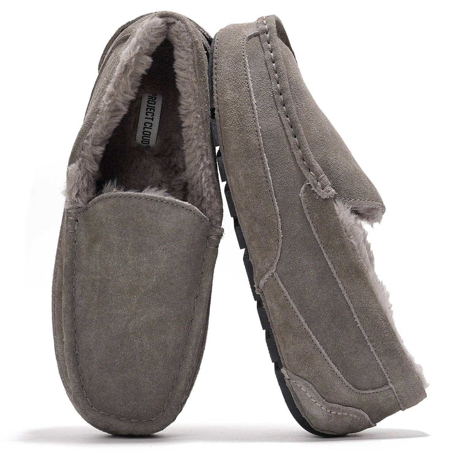 Project Cloud Oswin men's suede slippers in gray with sheep fur lining, moccasin style, and non-slip sole.