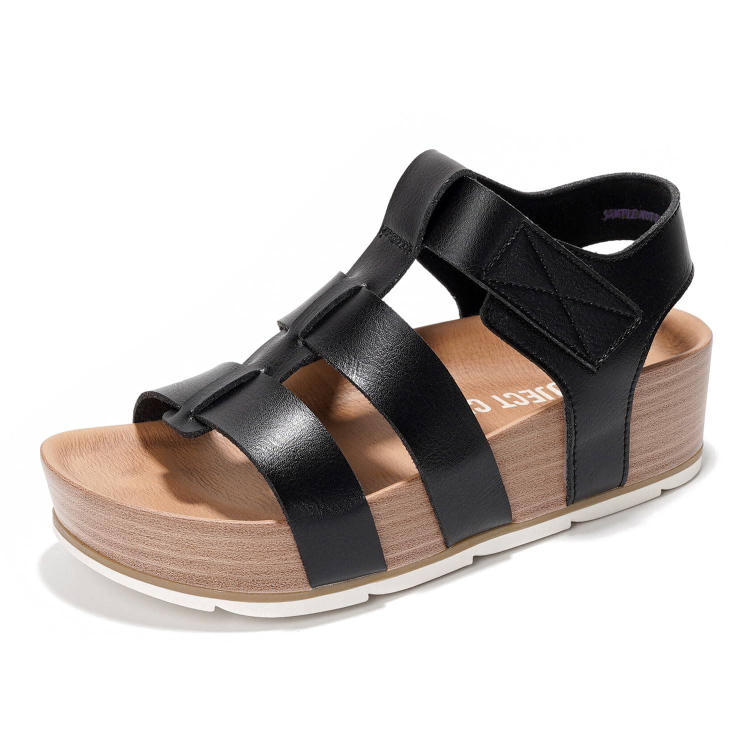 Black vegan leather platform sandals for women. Adjustable strap wedge with Project Cloud logo, memory foam insole.