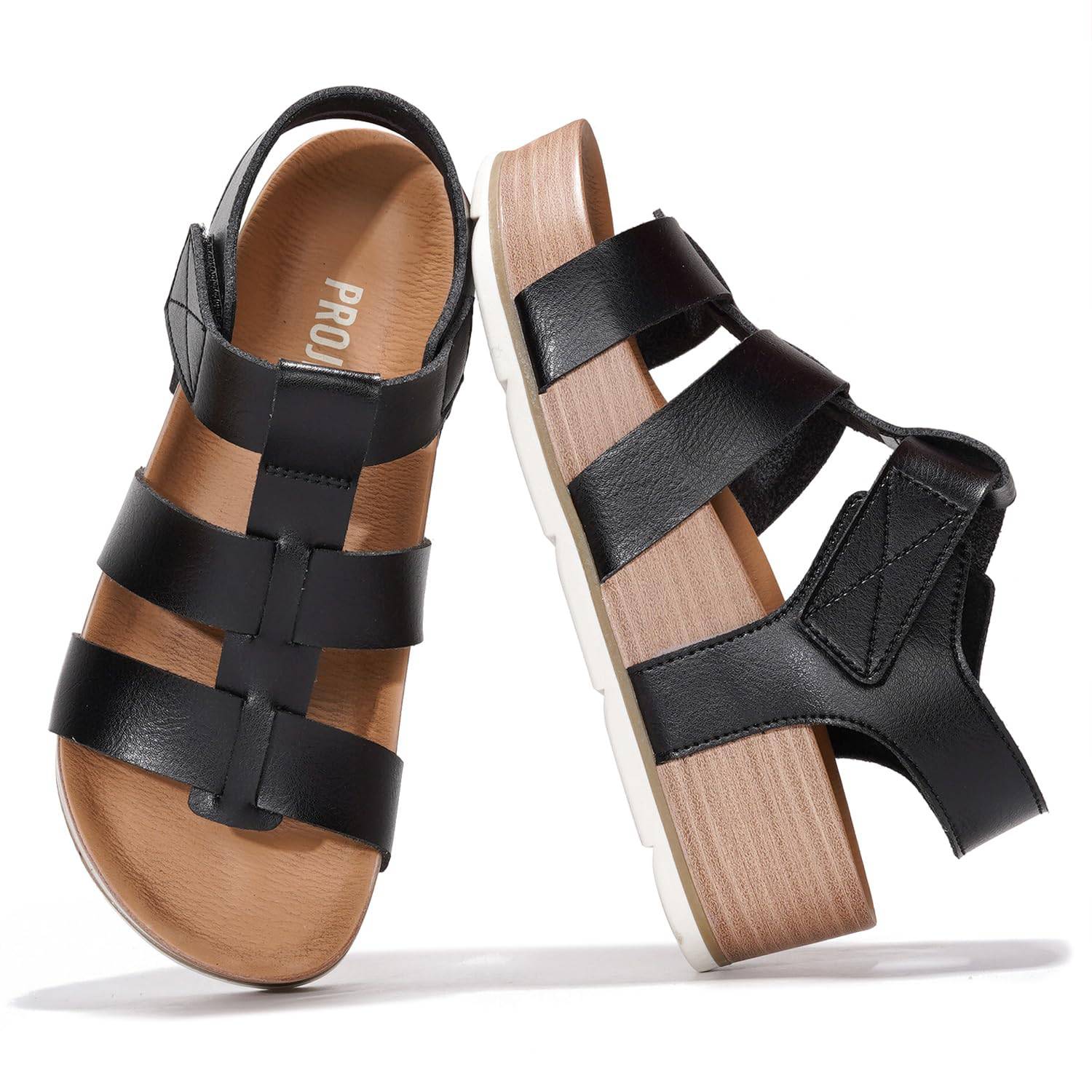 Project Cloud black vegan leather platform wedge sandals for women. Adjustable straps and memory foam insole.
