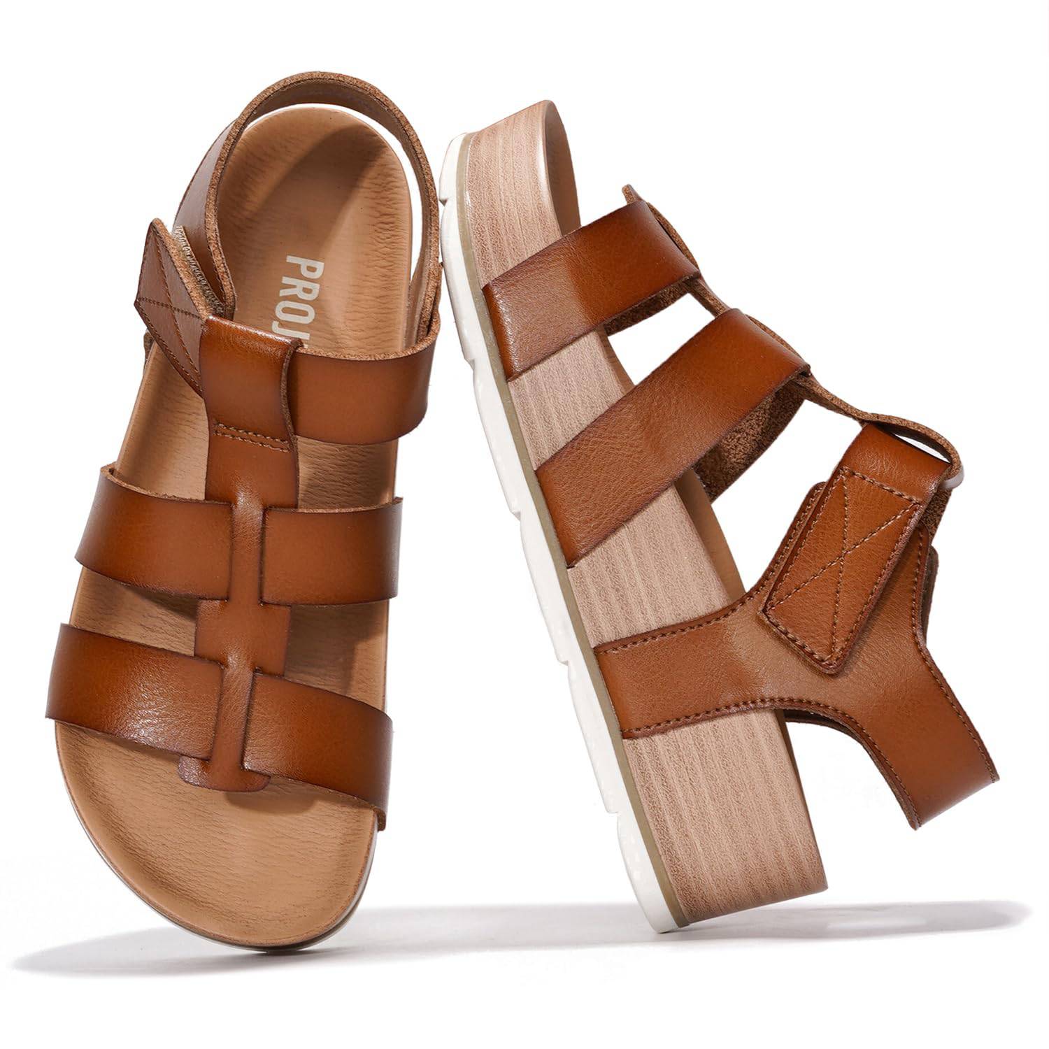 Project Cloud Women's Tan Platform Sandals. Vegan leather adjustable strap sandals with memory foam insole.