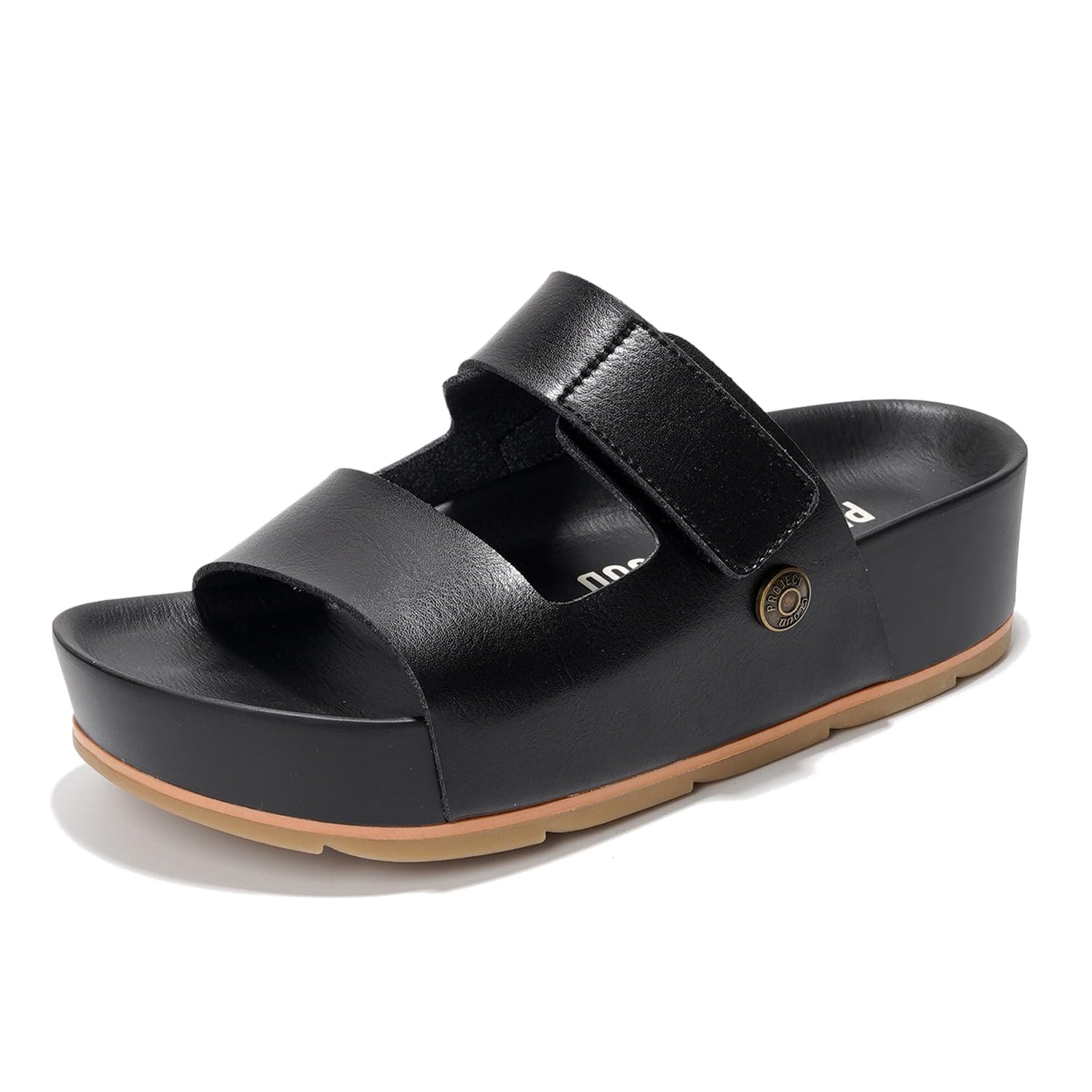 Project Cloud Prime Black Leather Platform Sandals with Adjustable Straps and Memory Foam