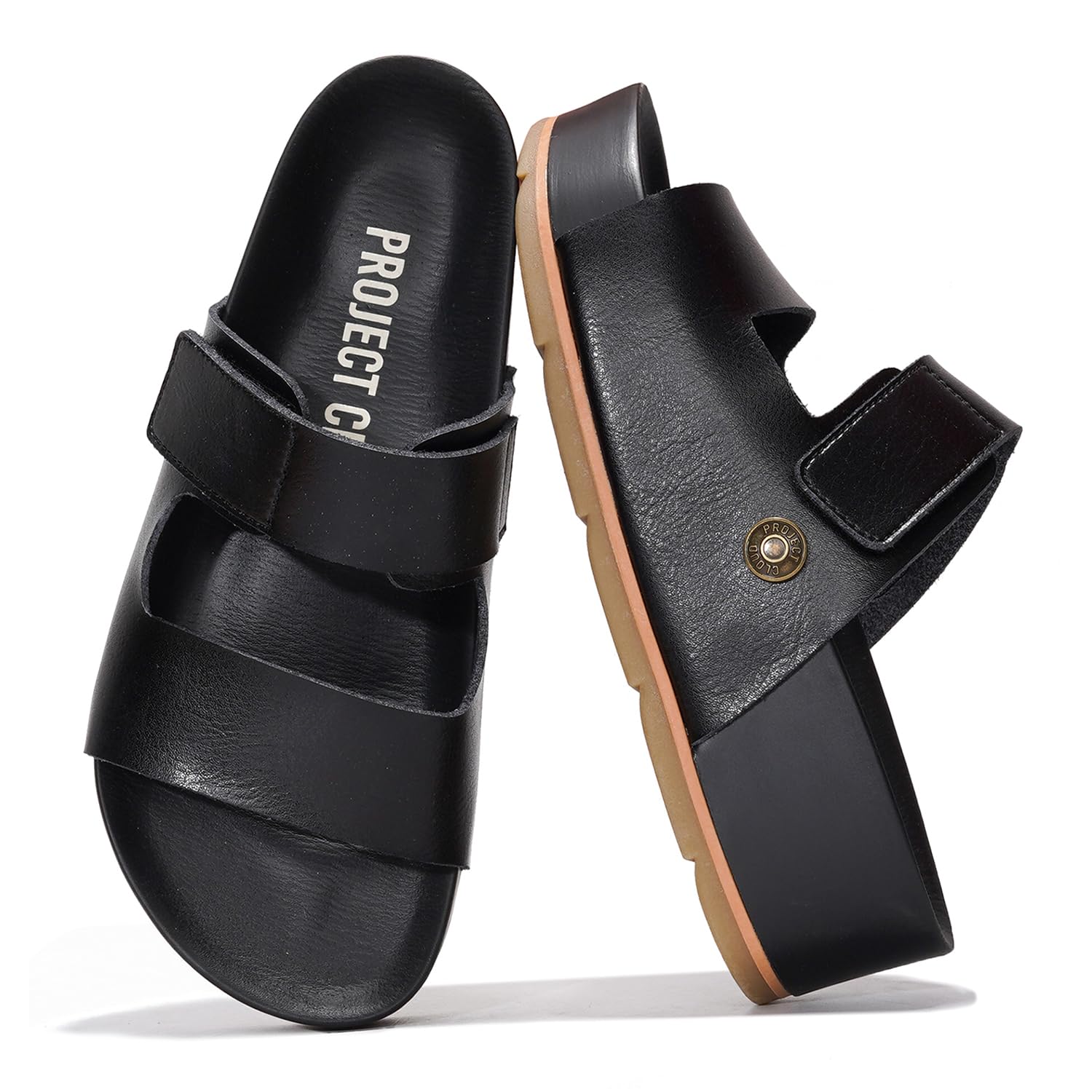 Project Cloud Prime Black Leather Platform Sandals with Adjustable Straps, Cork Platform Sole