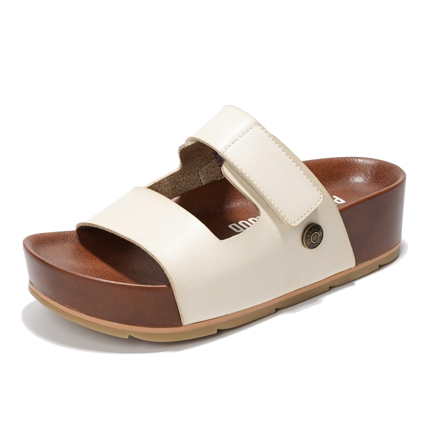 Project Cloud Prime Beige Leather Platform Sandals with Adjustable Strap, Cork Platform, Memory Foam