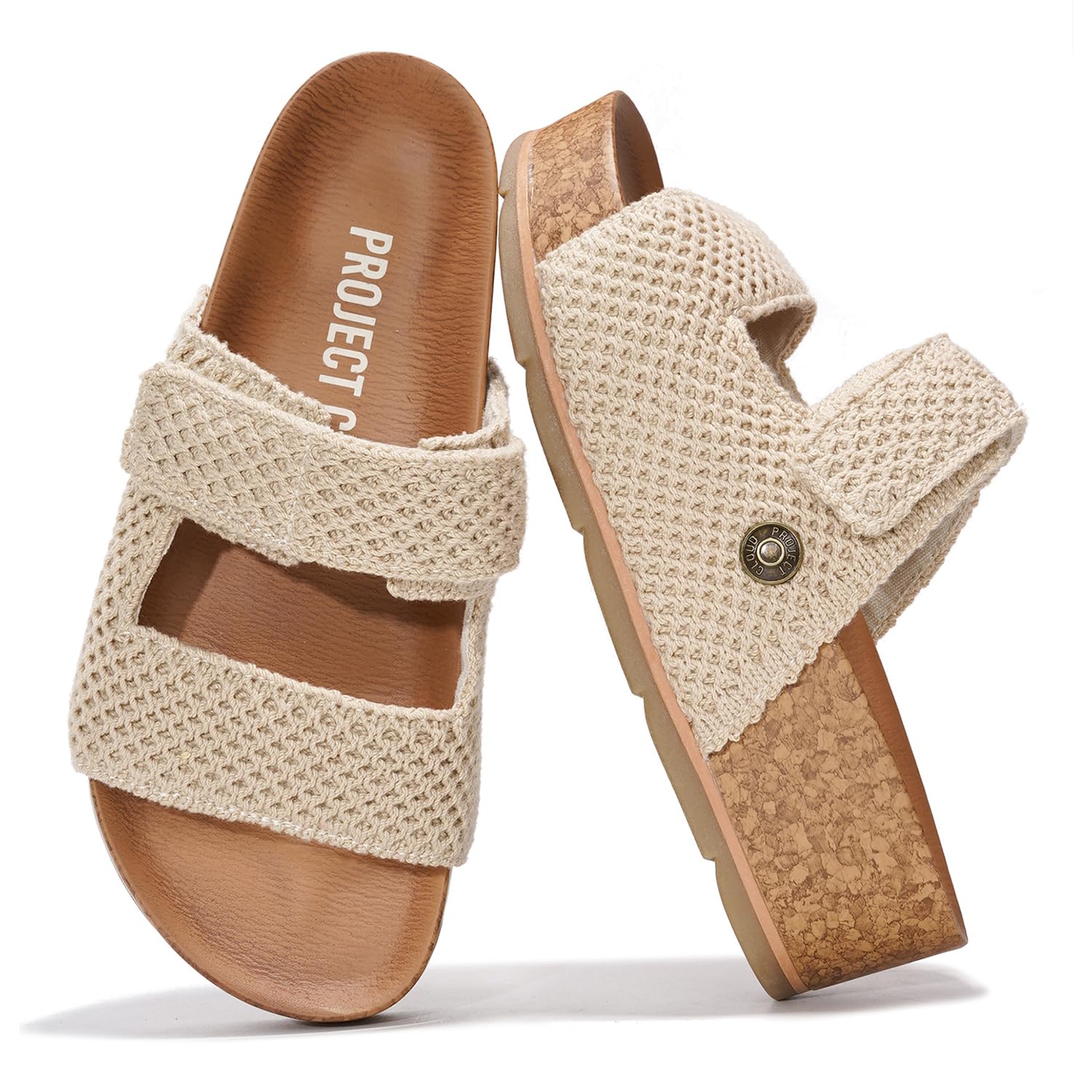 Project Cloud Prime Beige Sandals with Knitted Upper, Cork Platform, Memory Foam, and logo.