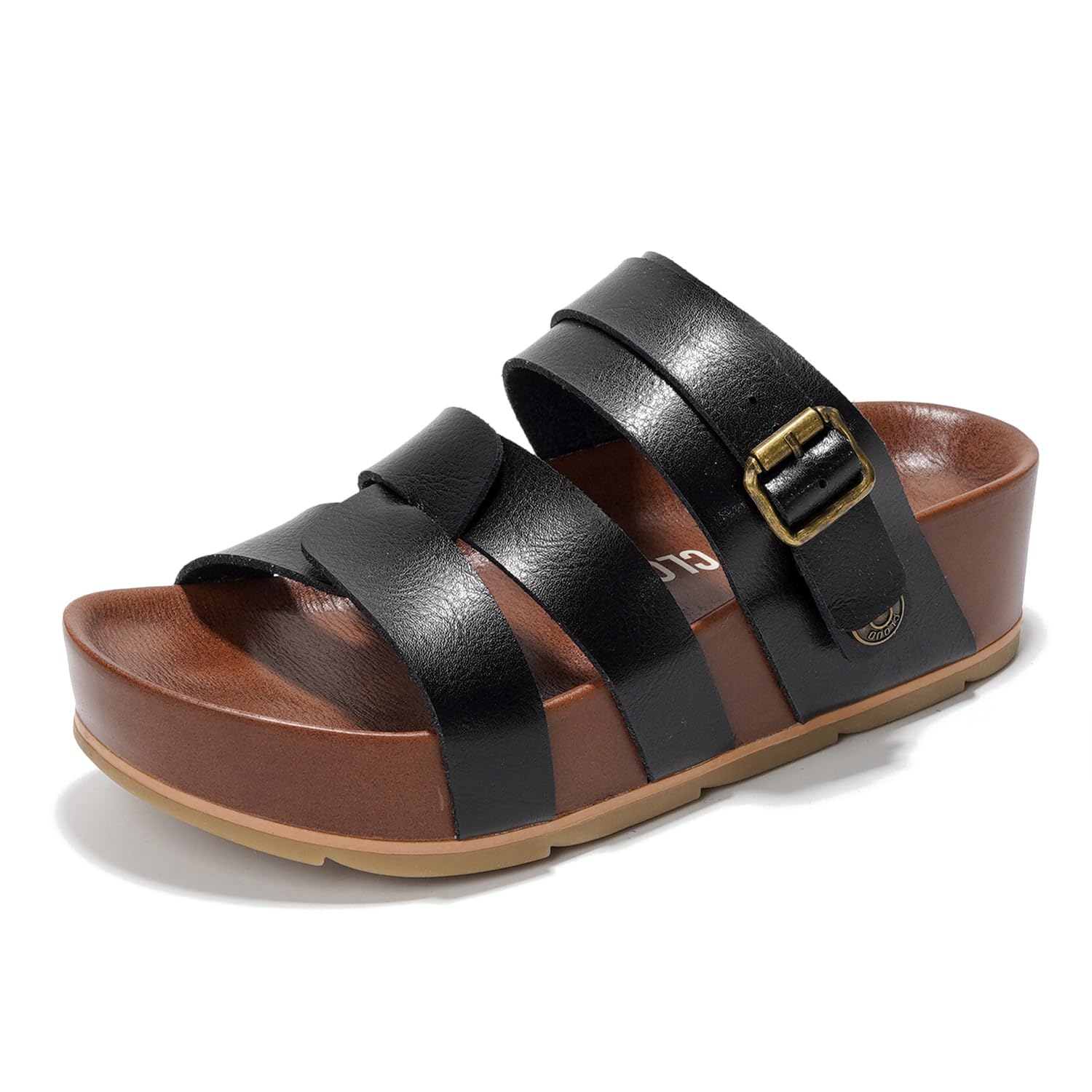 Black Proud Vegan Leather Platform Sandals with buckle detail and brown footbed.