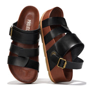 Project Cloud black vegan leather platform sandals with buckle detail, memory foam sole and brown footbed.