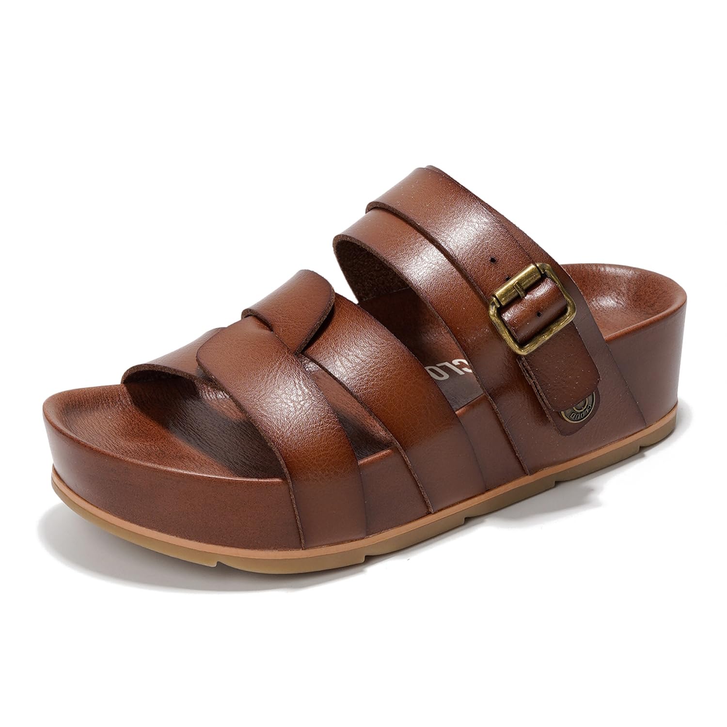 Brown Proud Vegan Leather Platform Sandals with buckle, memory foam, and non-slip sole.