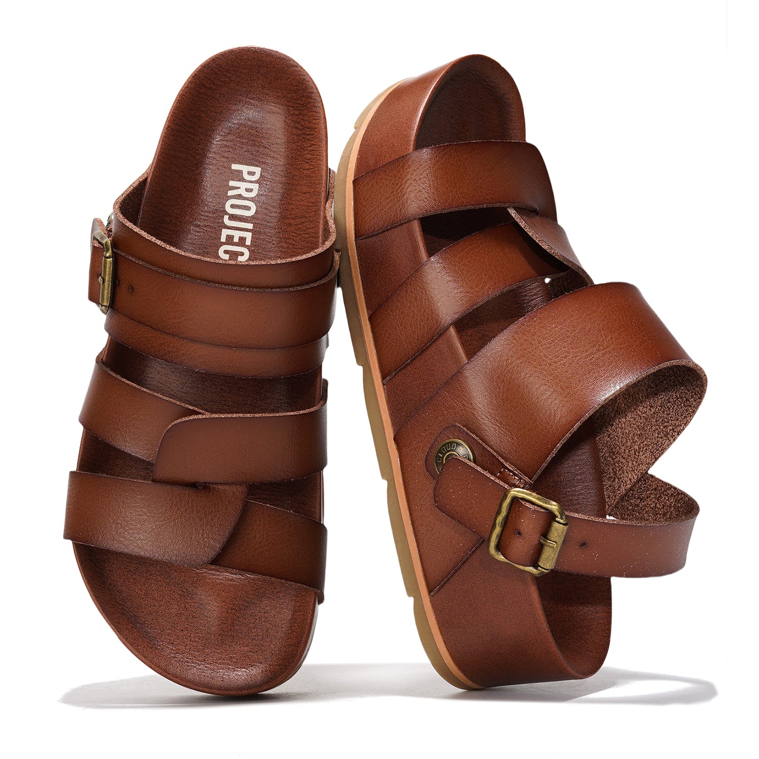Proud Vegan Leather Platform Sandals in brown with Project Cloud branding, featuring buckle detail and memory foam sole.
