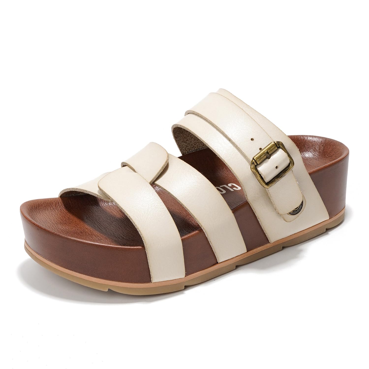 Proud Vegan Leather Platform Sandals in cream with buckle detail and Project Cloud branding, featuring memory foam sole.