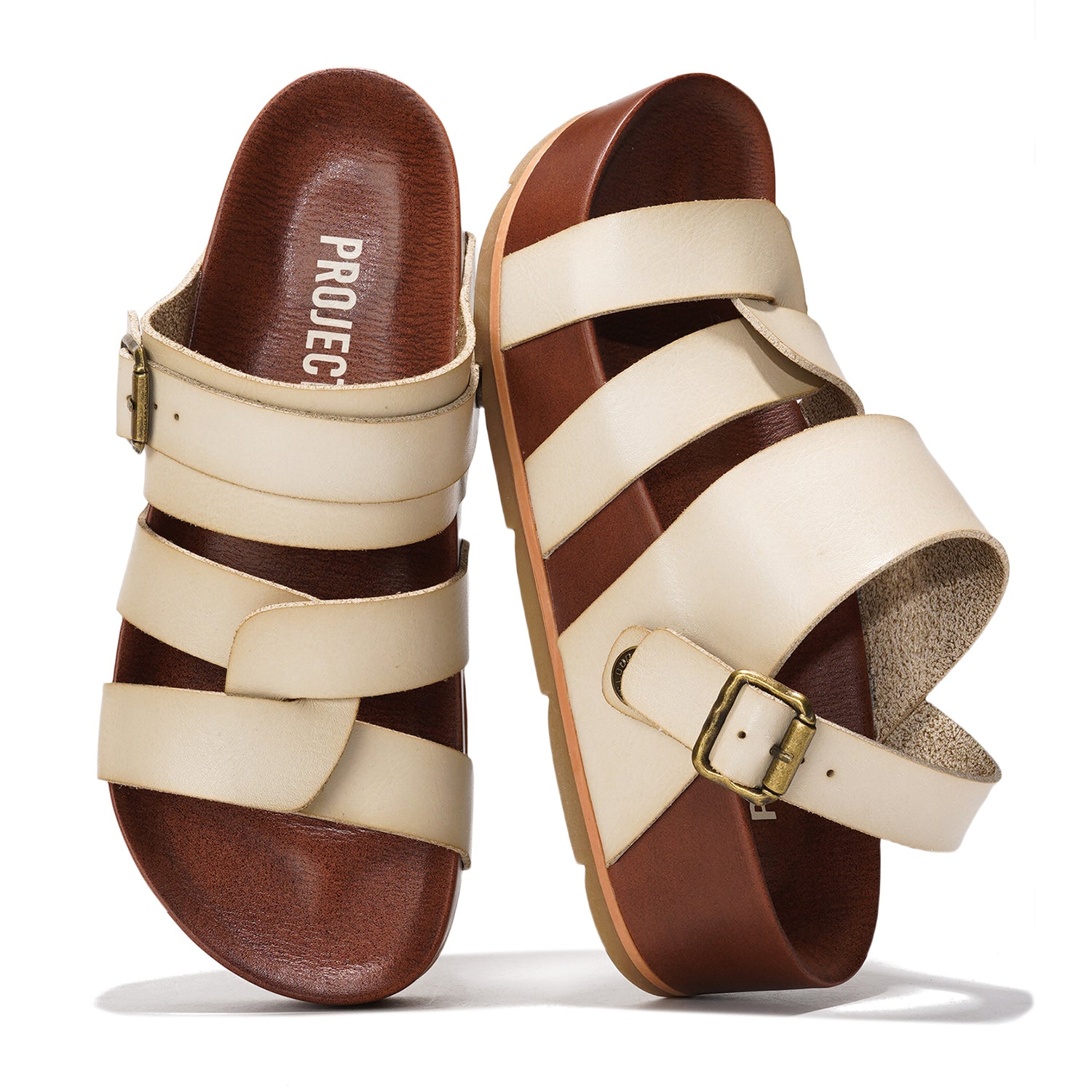 Project Cloud Proud Vegan Leather Platform Sandals in cream and brown, with buckle detail and memory foam sole, Project