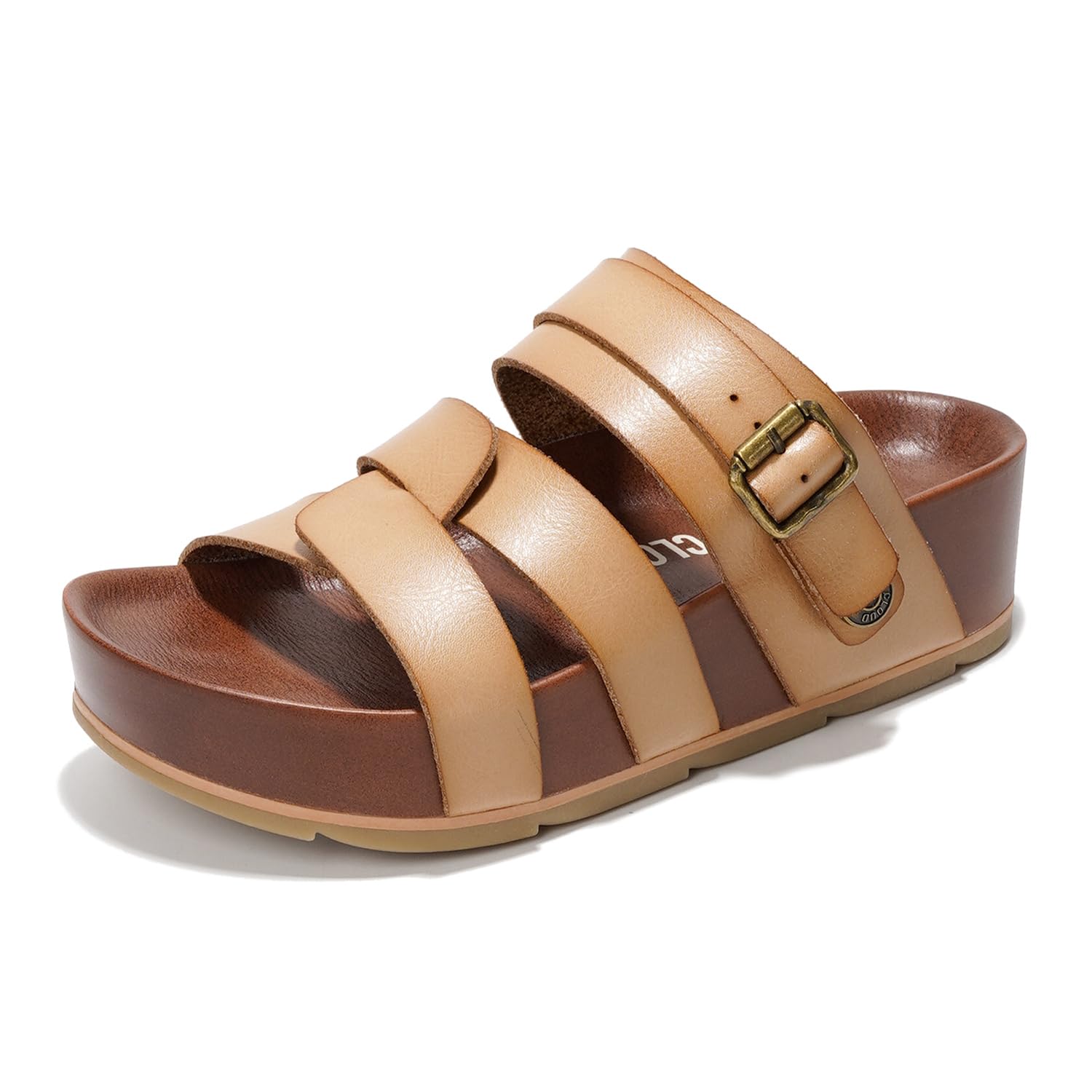 Project Cloud Proud Vegan Leather Platform Sandals in tan and brown, featuring buckle detail and memory foam sole