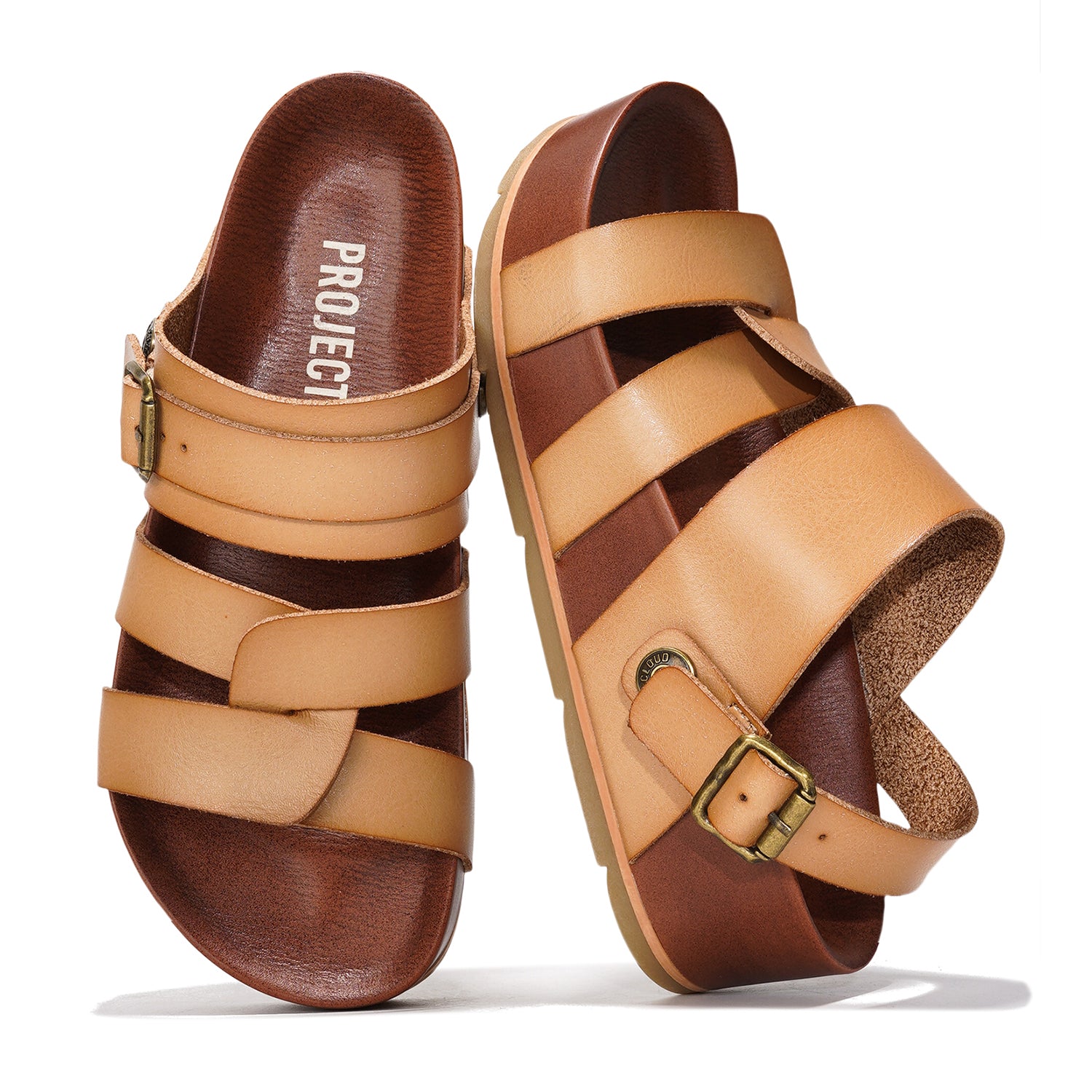 Project Cloud Proud Vegan Leather Platform Sandals in tan and brown, featuring memory foam, non-slip sole, and buckle detail.