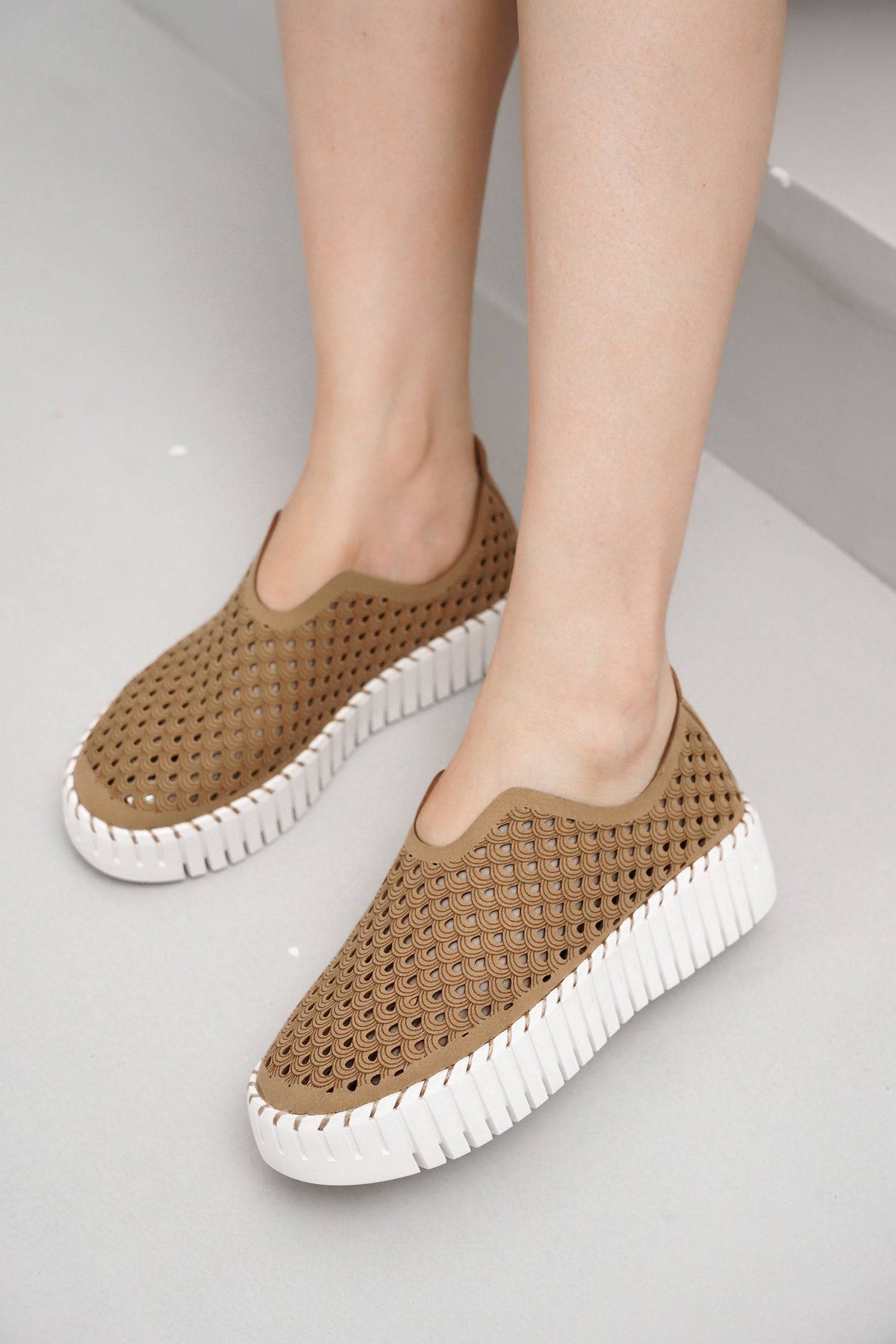 Project Cloud Daffodil tan perforated leather loafers, white sole, women's work shoes. Lightweight and breathable.