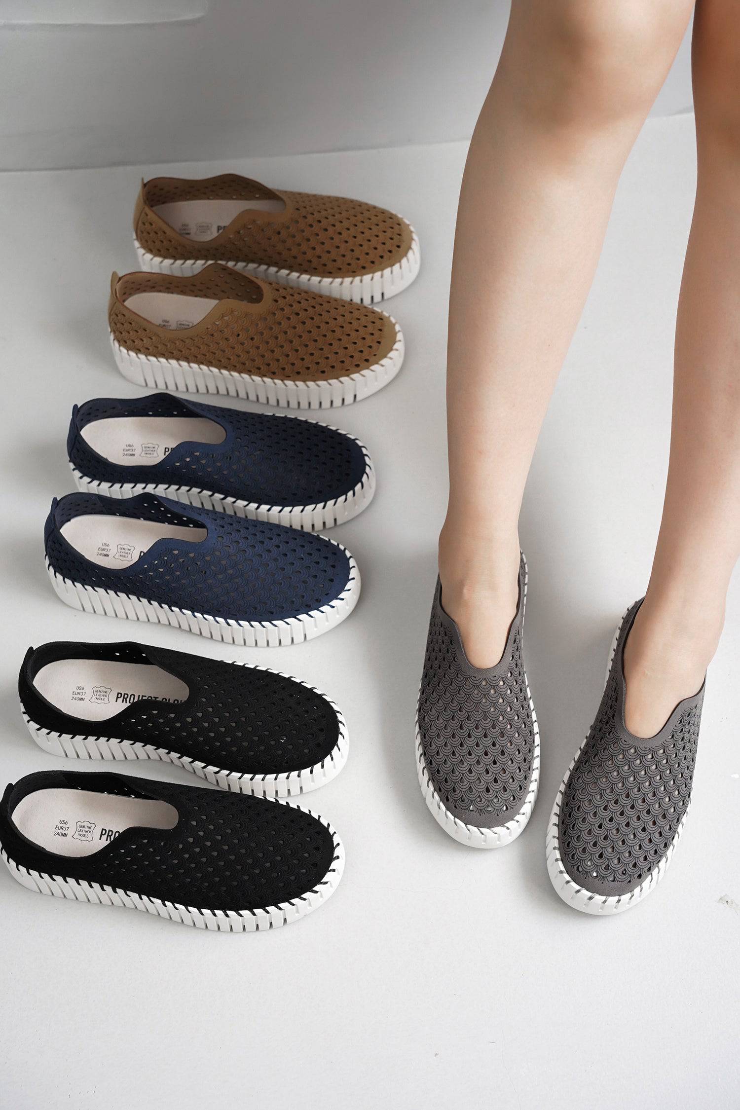 Project Cloud Daffodil leather loafers, perforated slip-on sneakers, women's work shoes in multiple colors.